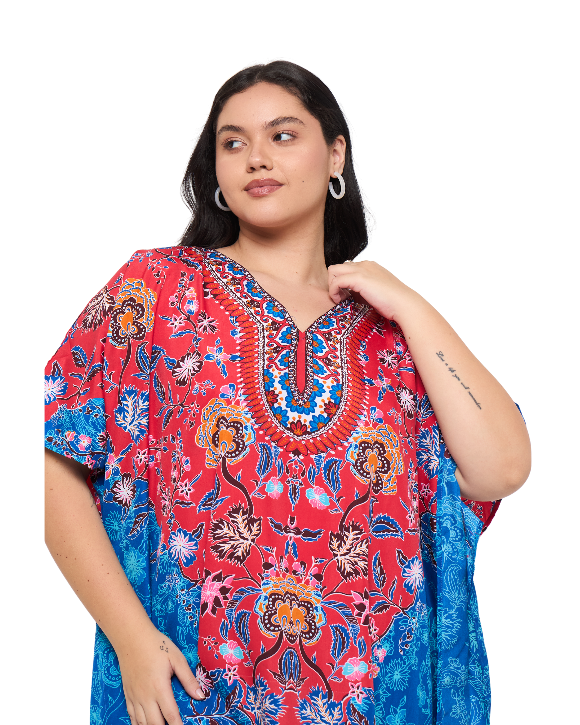 Floral Royal Blue Polyester Plus Size Floral Kaftan Dress for Women