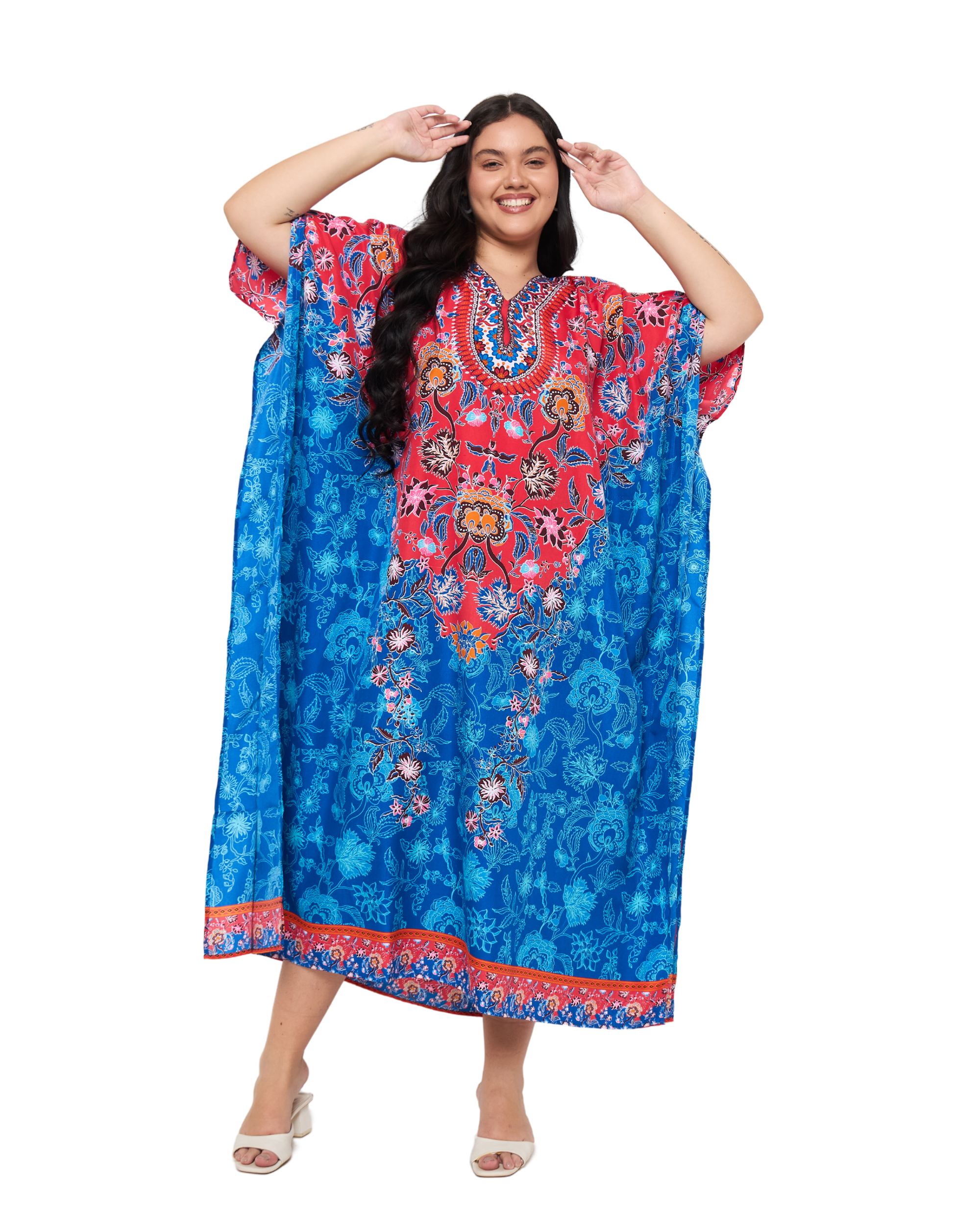 Floral Royal Blue Polyester Plus Size Floral Kaftan Dress for Women