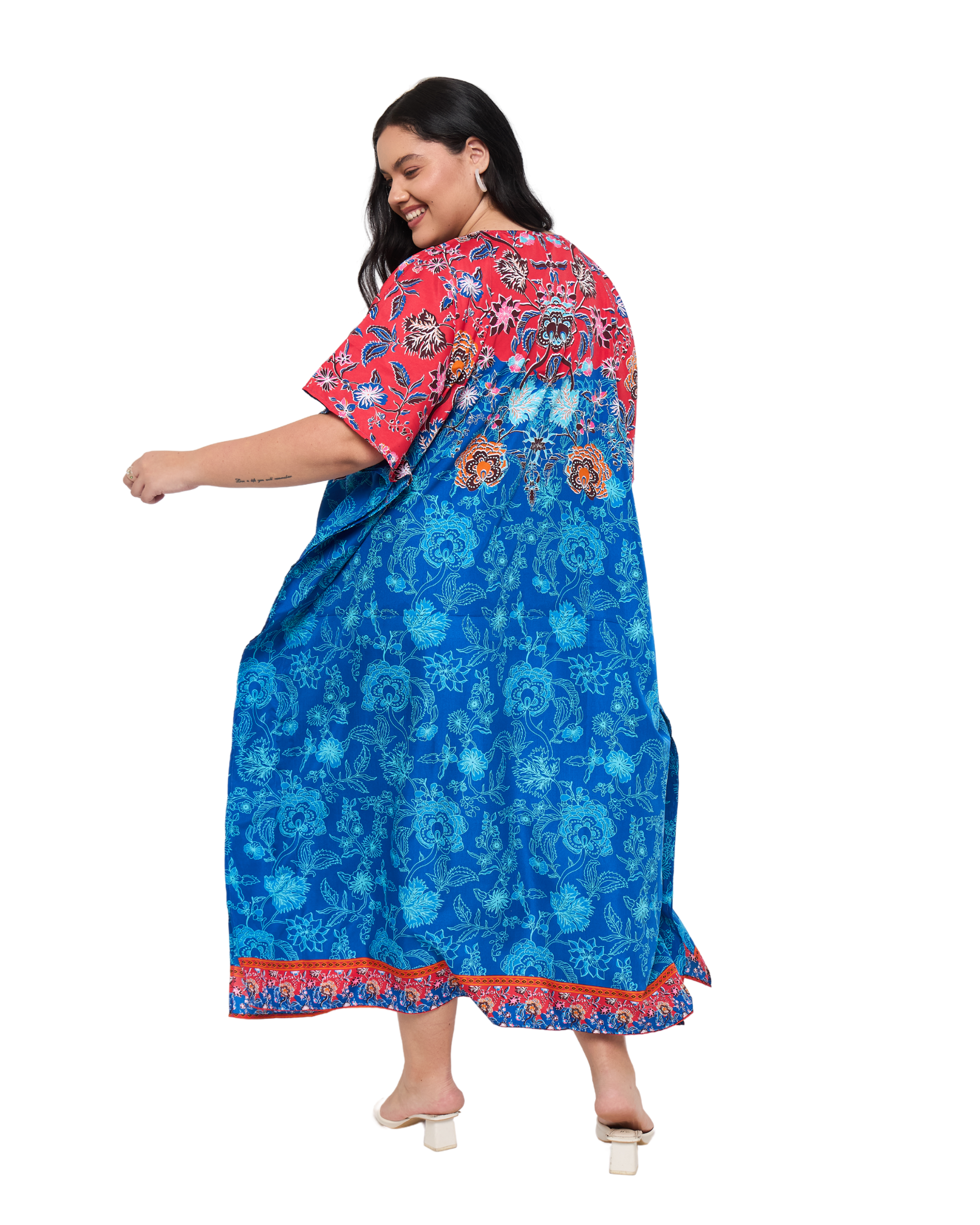 Floral Royal Blue Polyester Plus Size Floral Kaftan Dress for Women