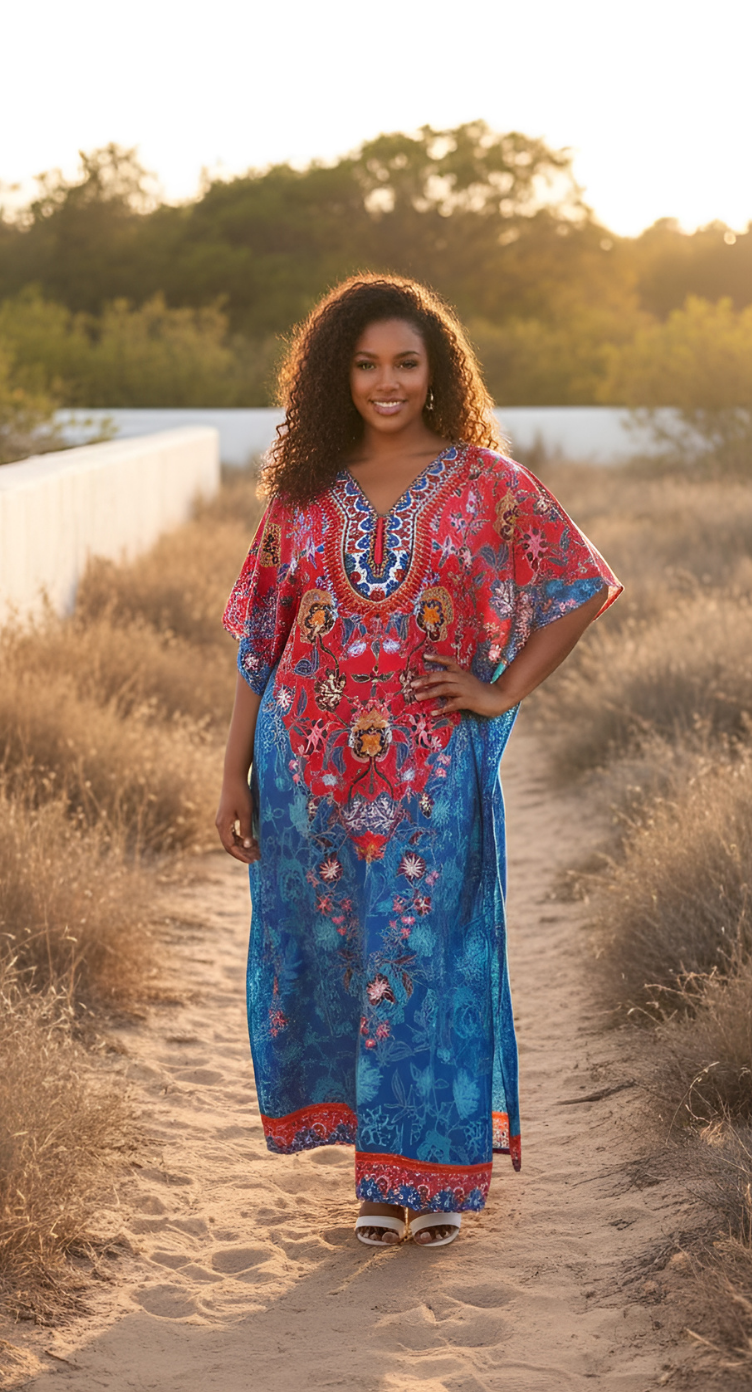 Floral Royal Blue Polyester Plus Size Floral Kaftan Dress for Women