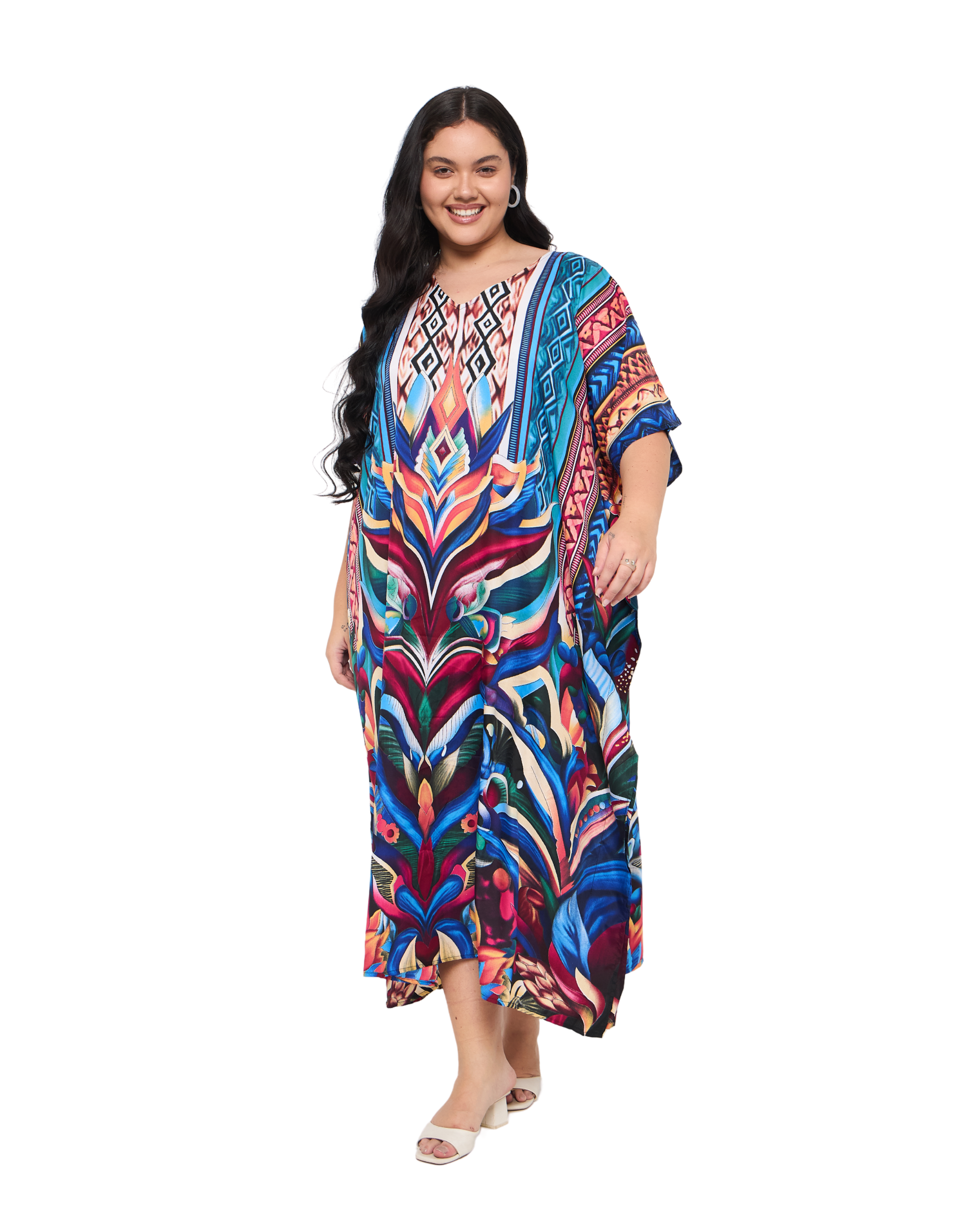 Leaf Cobalt Blue Polyester Women Plus Size Caftan Dress for Beach