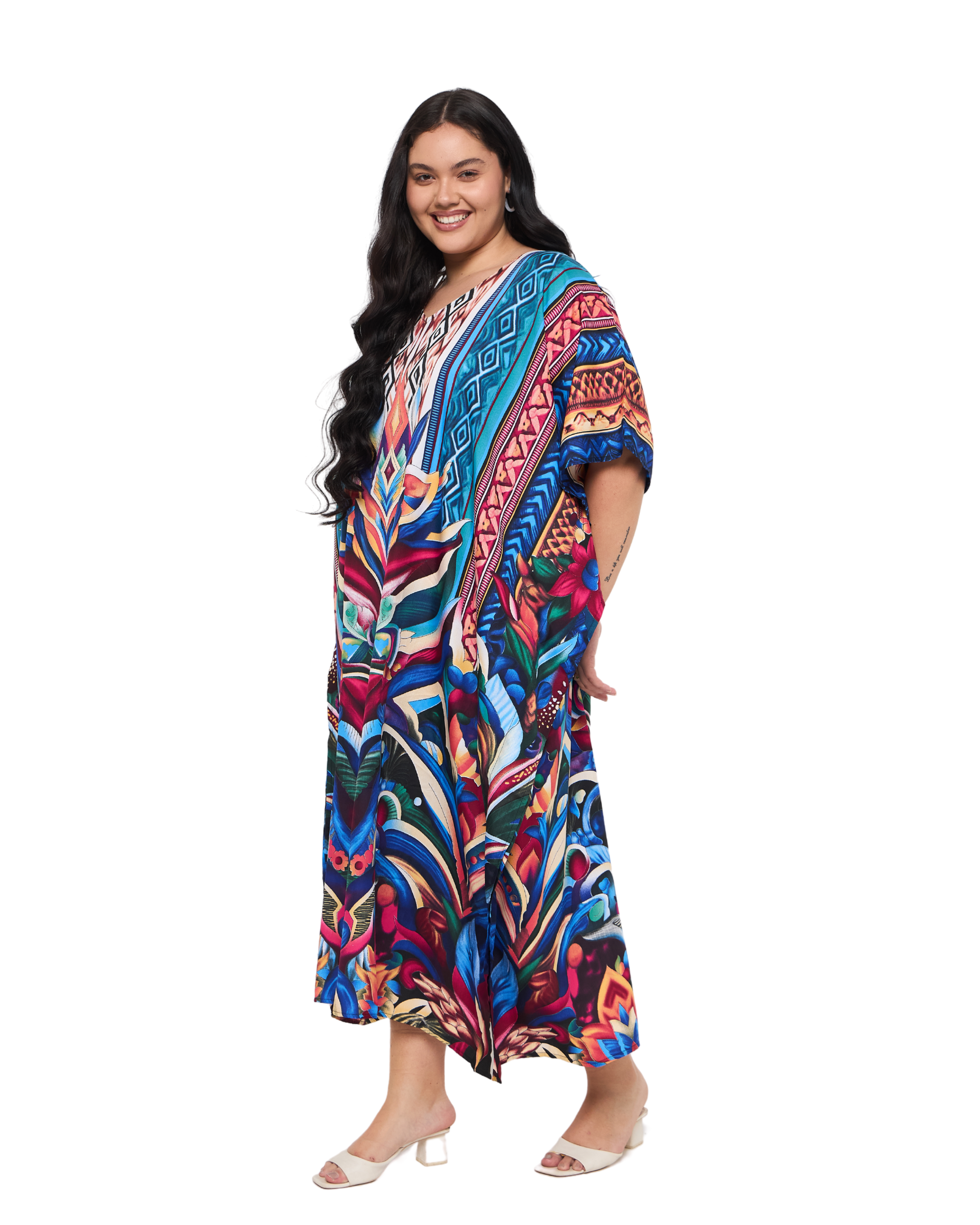 Leaf Cobalt Blue Polyester Women Plus Size Caftan Dress for Beach