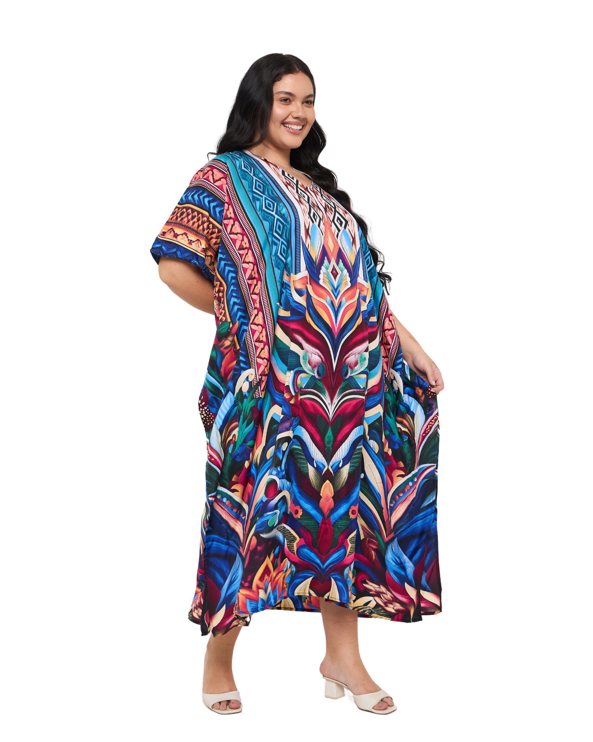 Leaf Cobalt Blue Polyester Women Plus Size Caftan Dress for Beach