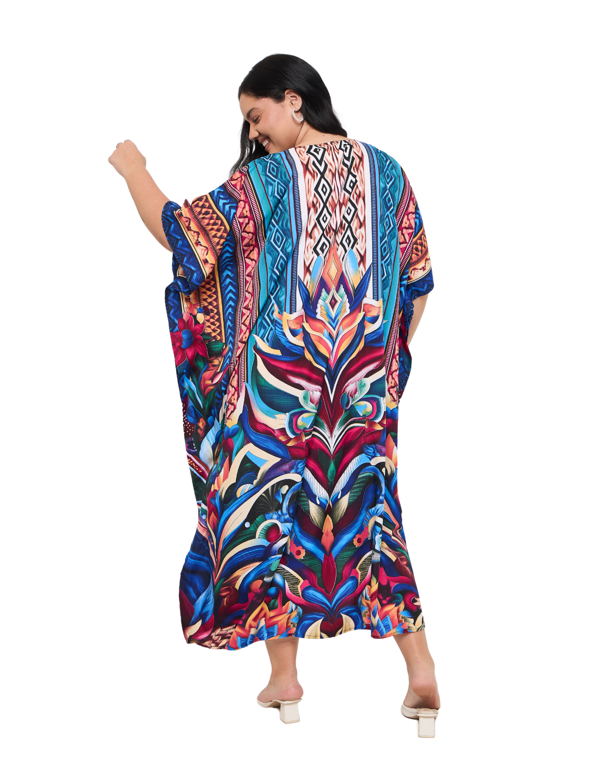 Leaf Cobalt Blue Polyester Women Plus Size Caftan Dress for Beach