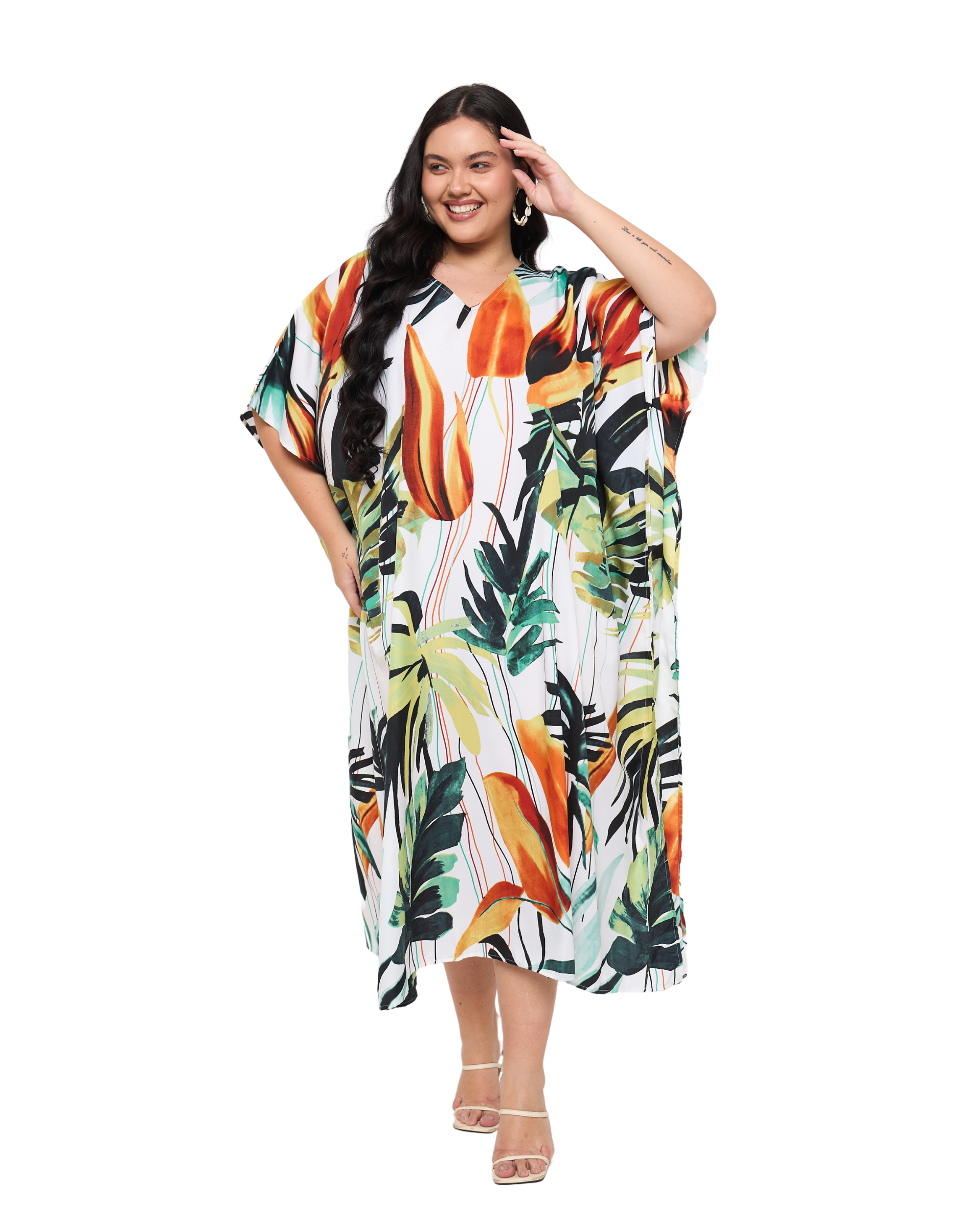 Tropical Leaf White Polyester Women Plus Size Beachwear Caftan Dress