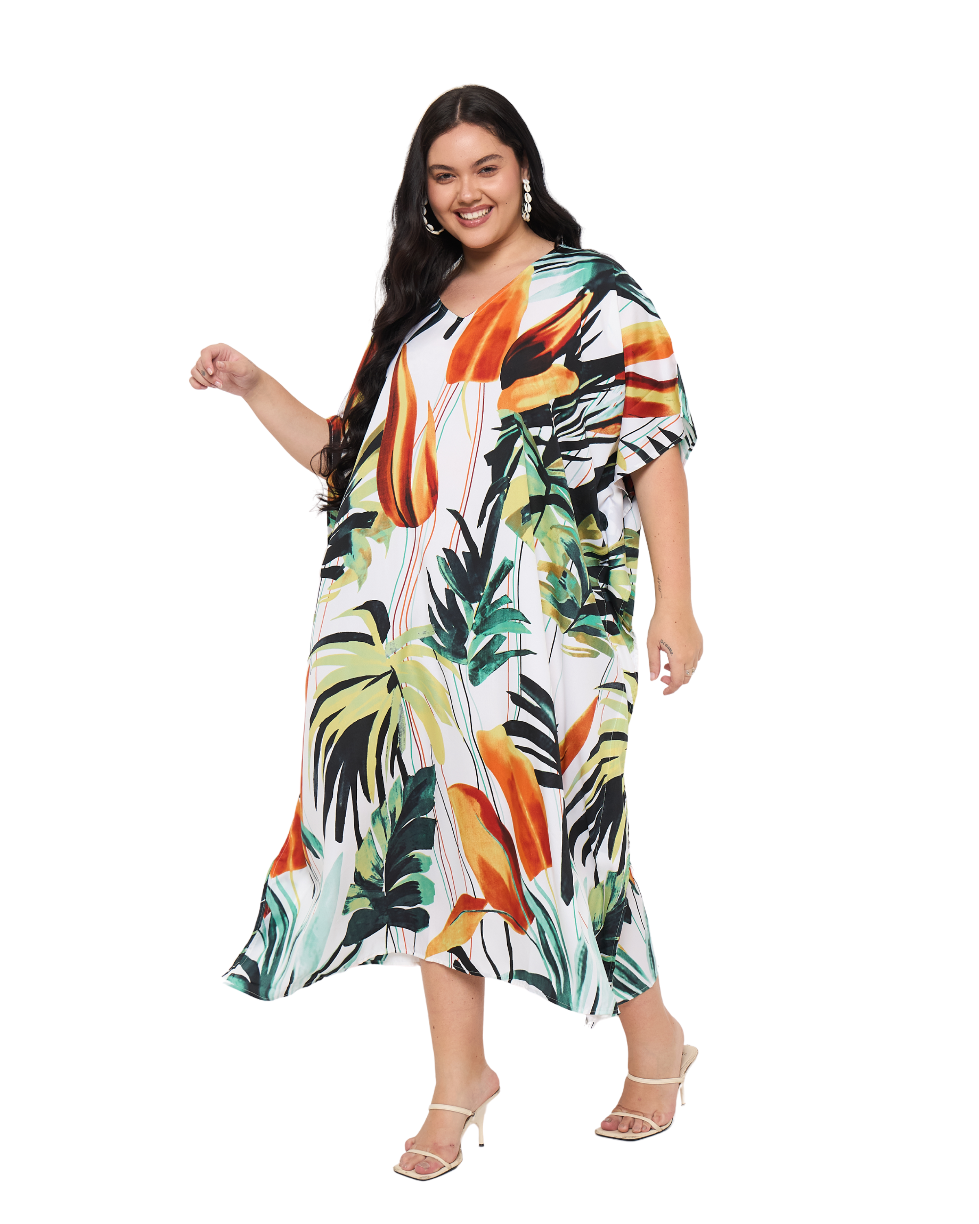 Tropical Leaf White Polyester Women Plus Size Beachwear Caftan Dress