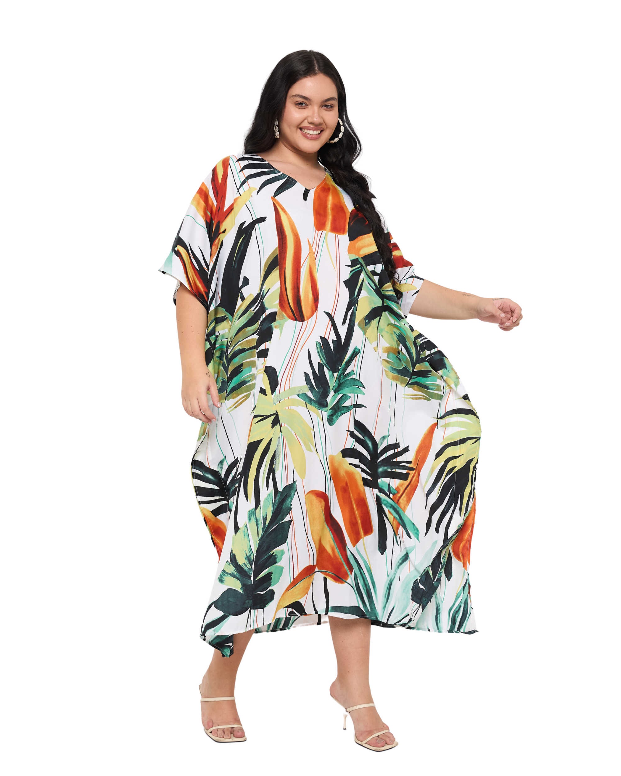 Tropical Leaf White Polyester Women Plus Size Beachwear Caftan Dress