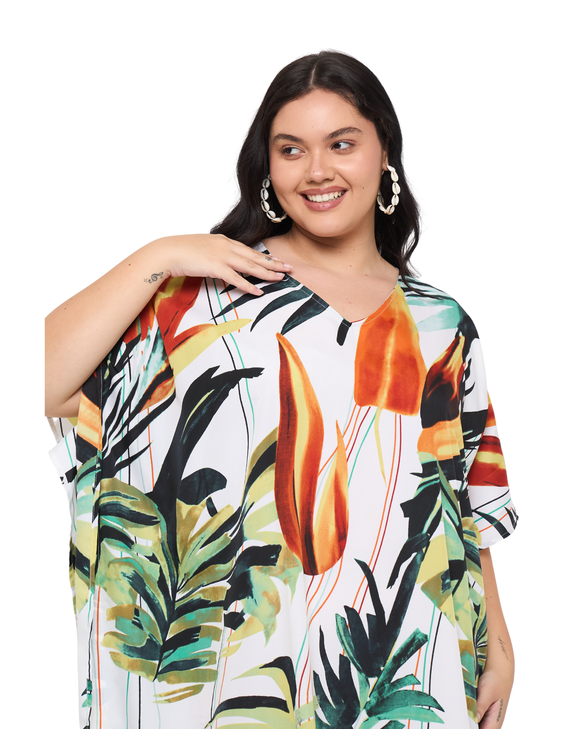 Tropical Leaf White Polyester Women Plus Size Beachwear Caftan Dress
