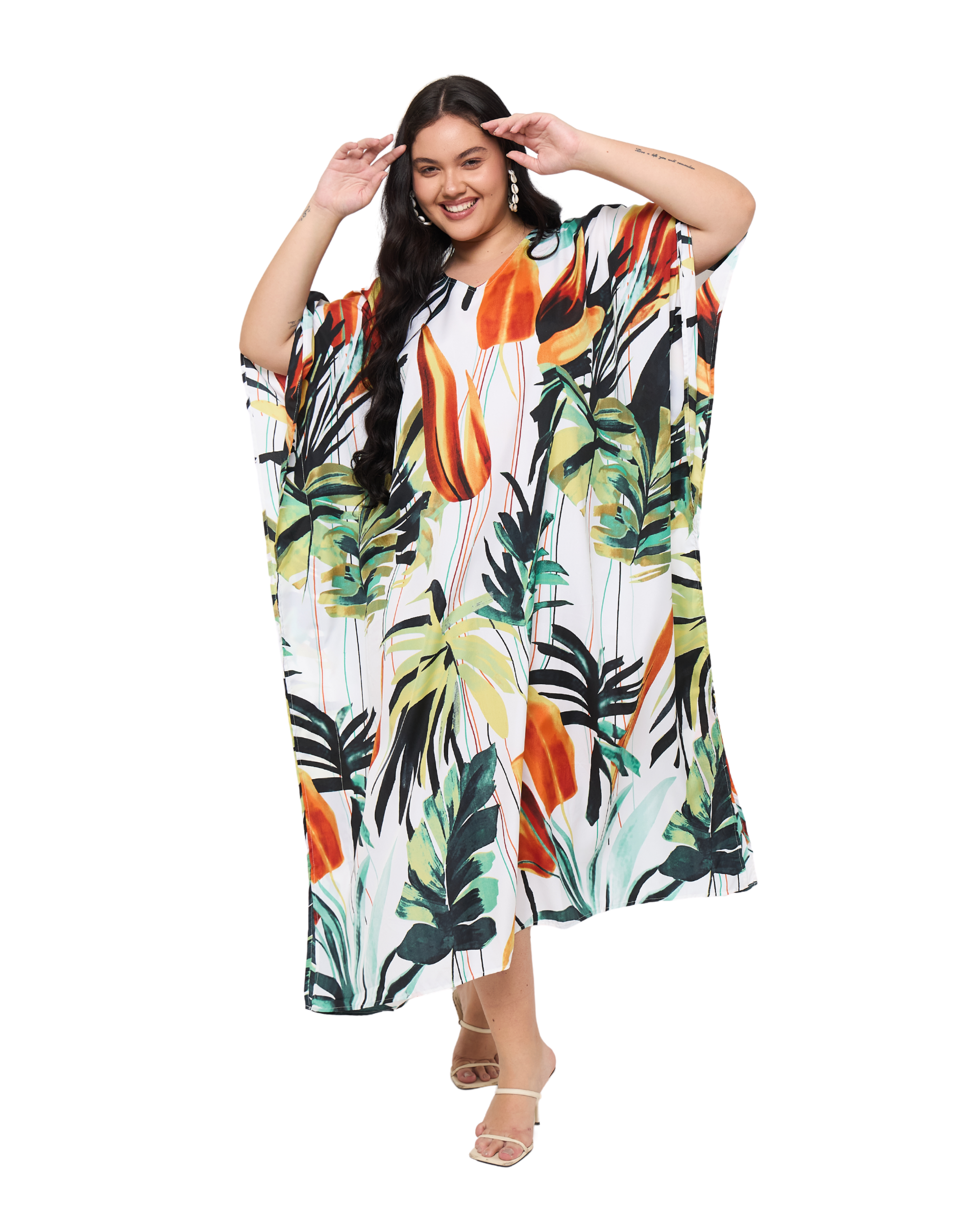 Tropical Leaf White Polyester Women Plus Size Beachwear Caftan Dress