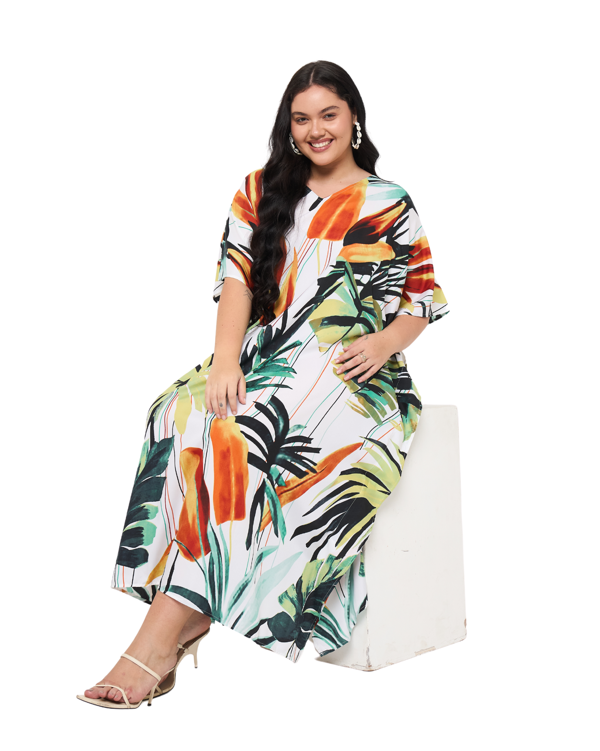 Tropical Leaf White Polyester Women Plus Size Beachwear Caftan Dress