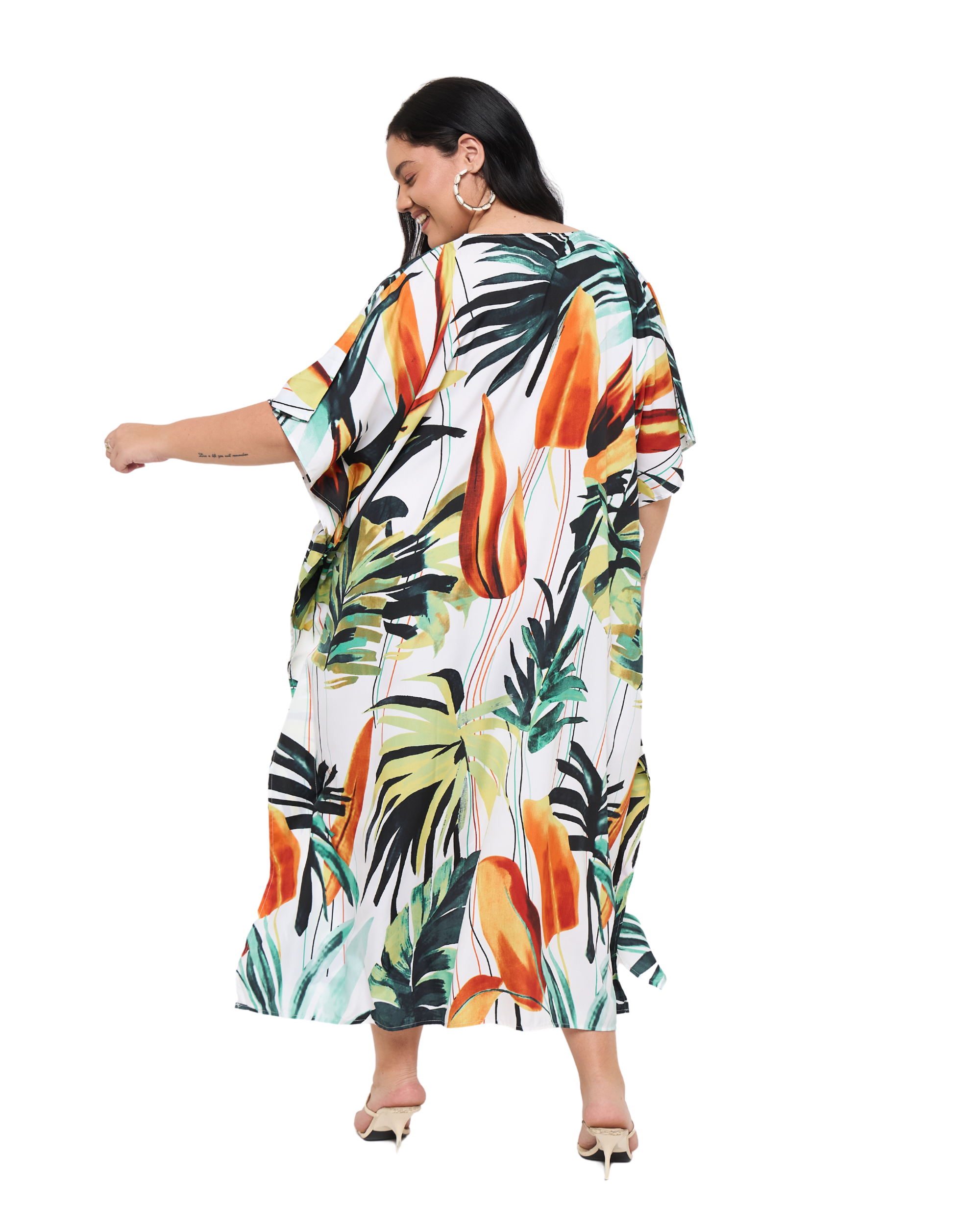 Tropical Leaf White Polyester Women Plus Size Beachwear Caftan Dress