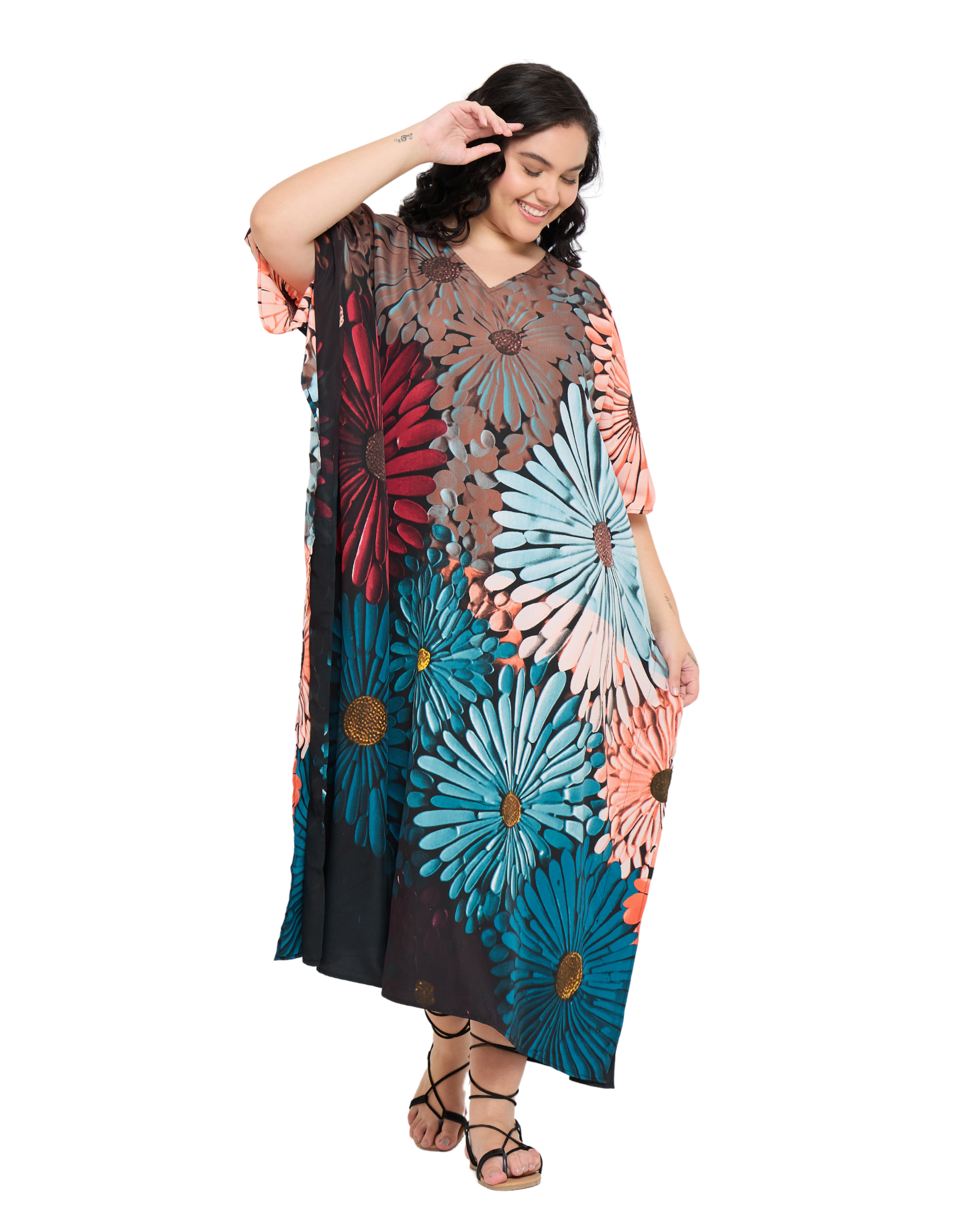 Black Polyester Floral Women Plus Size Caftan Loungewear Dress