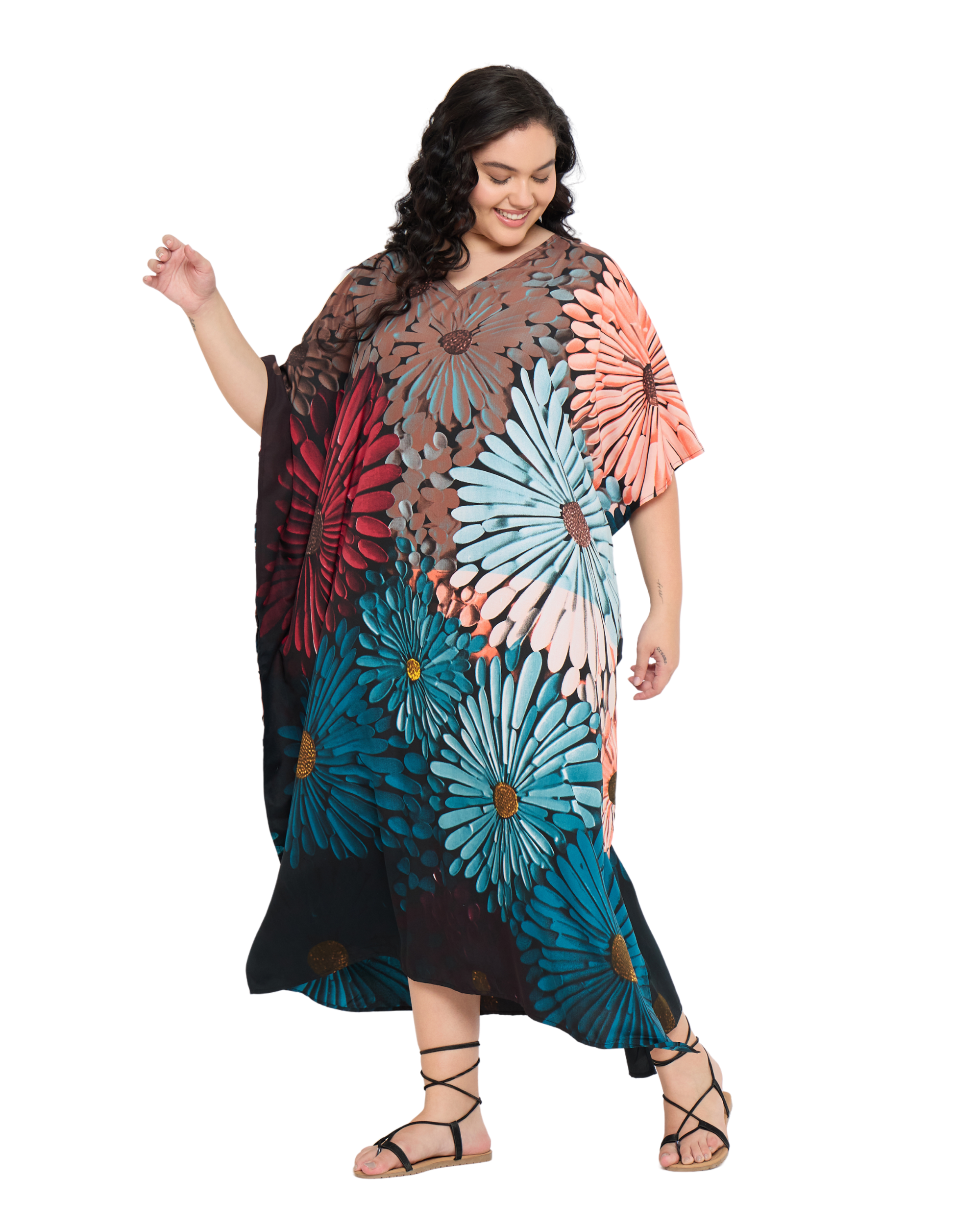 Black Polyester Floral Women Plus Size Caftan Loungewear Dress