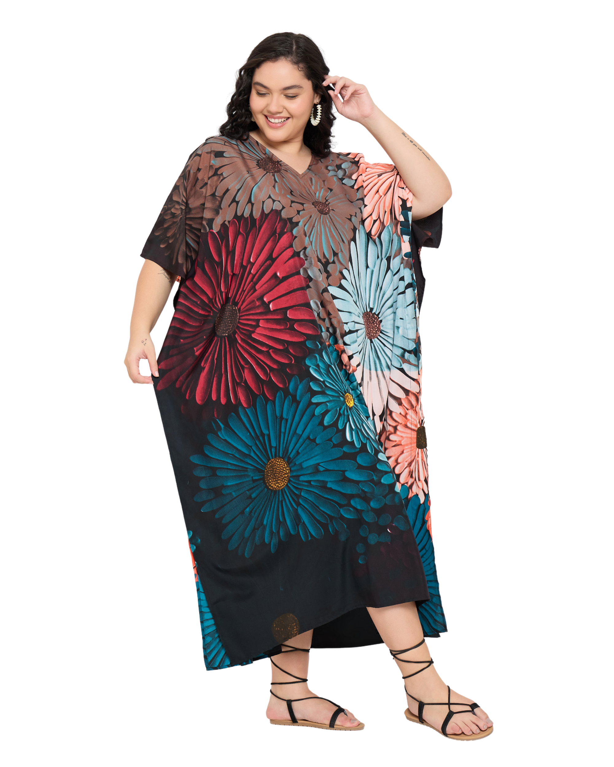 Black Polyester Floral Women Plus Size Caftan Loungewear Dress