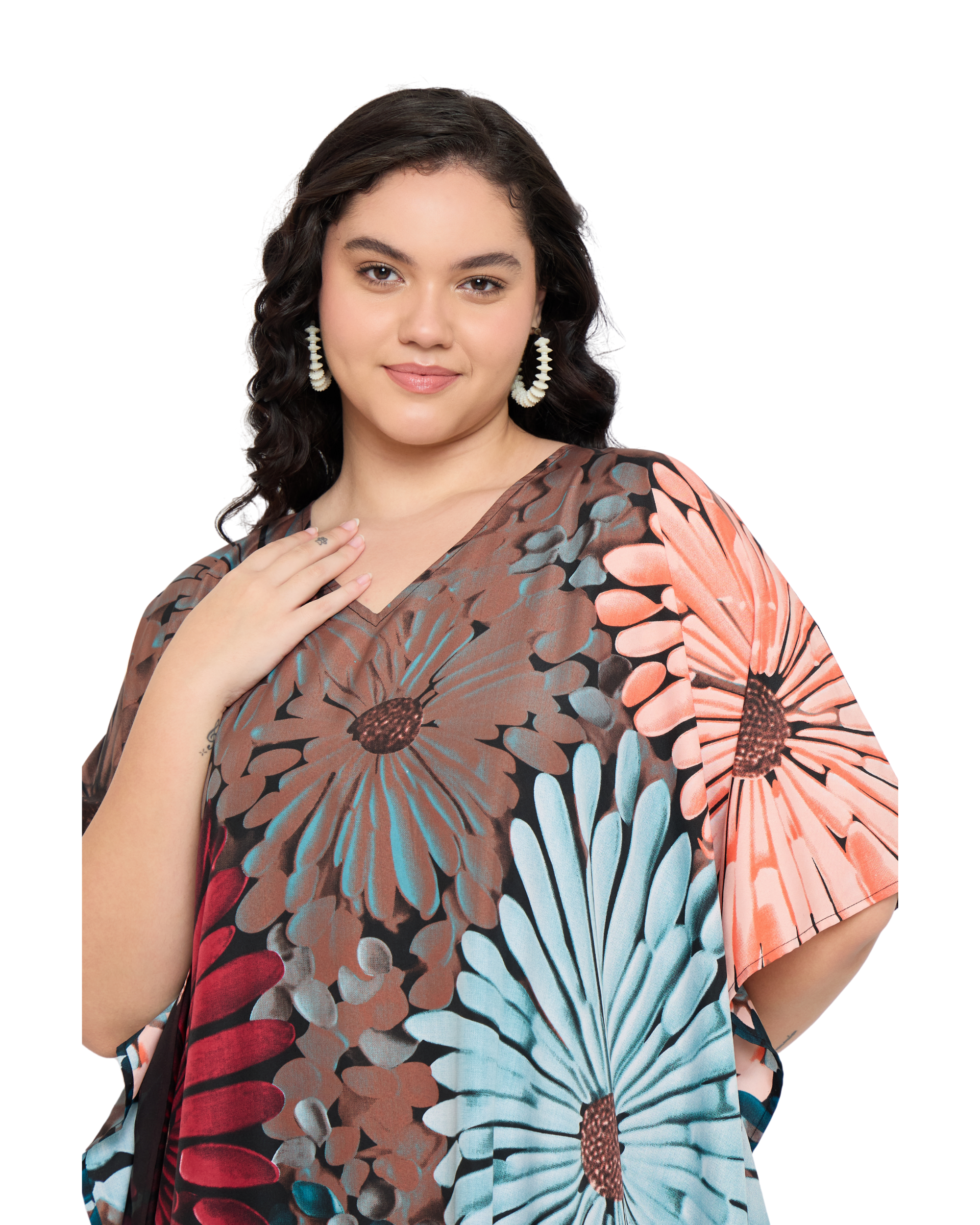 Black Polyester Floral Women Plus Size Caftan Loungewear Dress