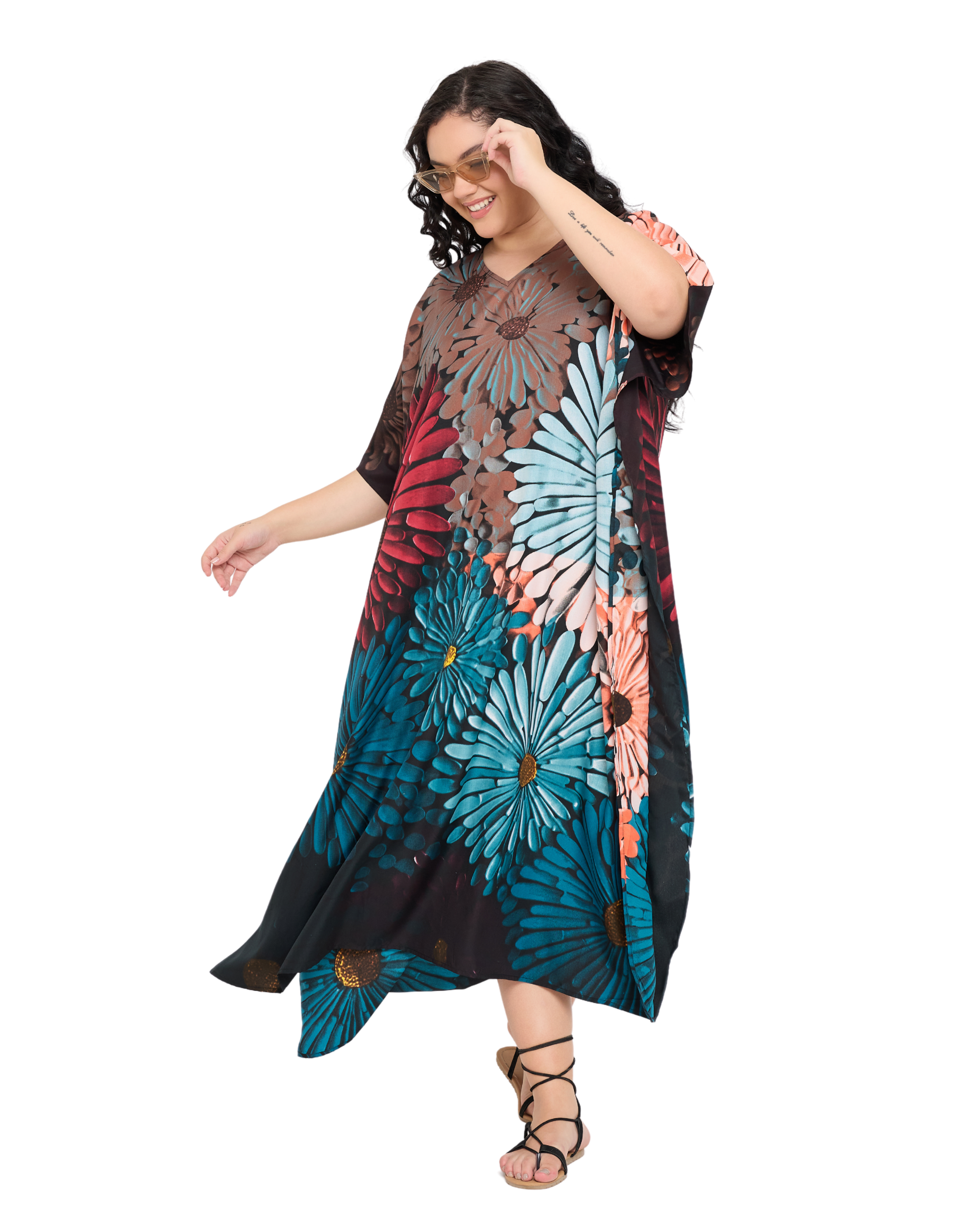 Black Polyester Floral Women Plus Size Caftan Loungewear Dress