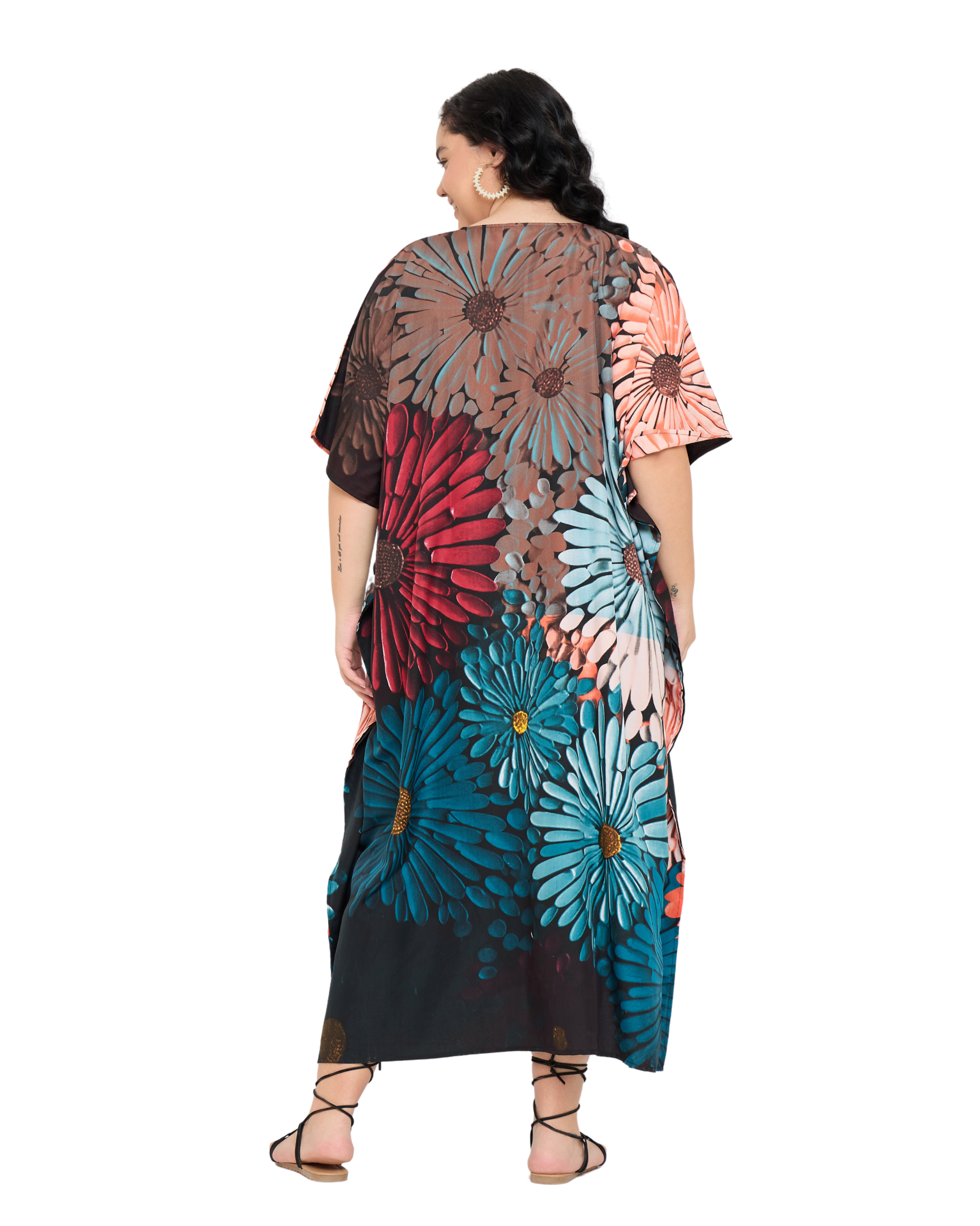 Black Polyester Floral Women Plus Size Caftan Loungewear Dress