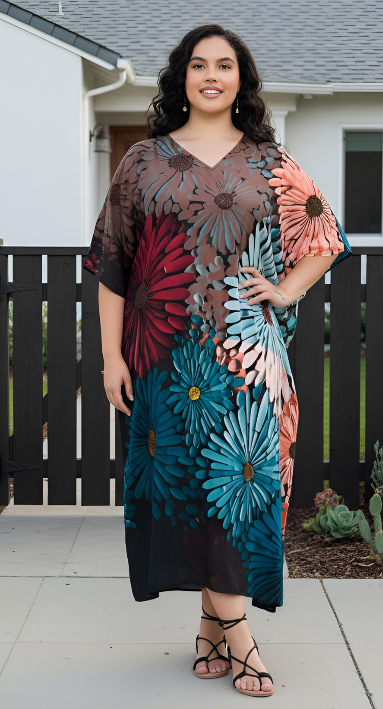 Black Polyester Floral Women Plus Size Caftan Loungewear Dress