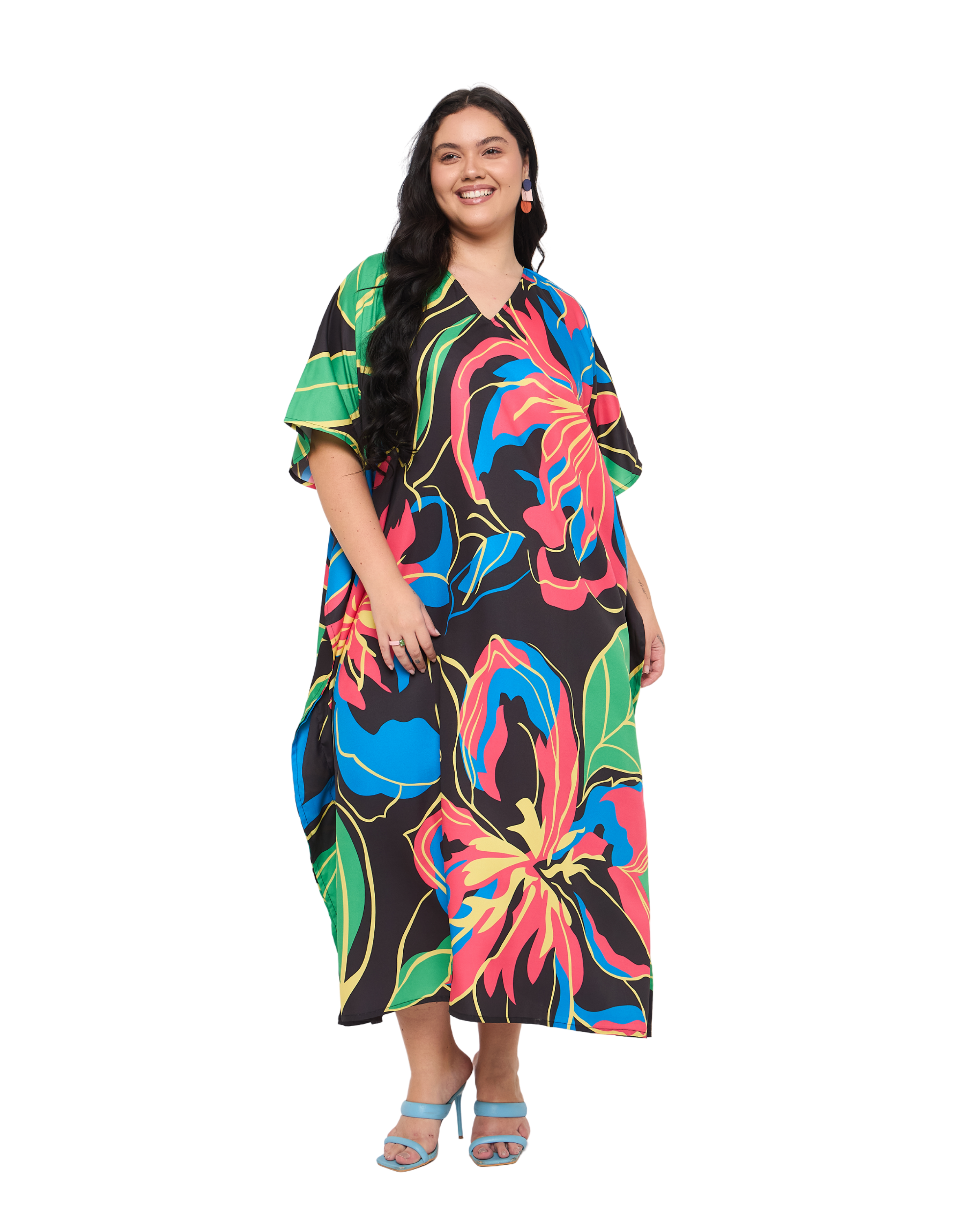 Floral Black Polyester Plus Size Vacation Caftan Dress