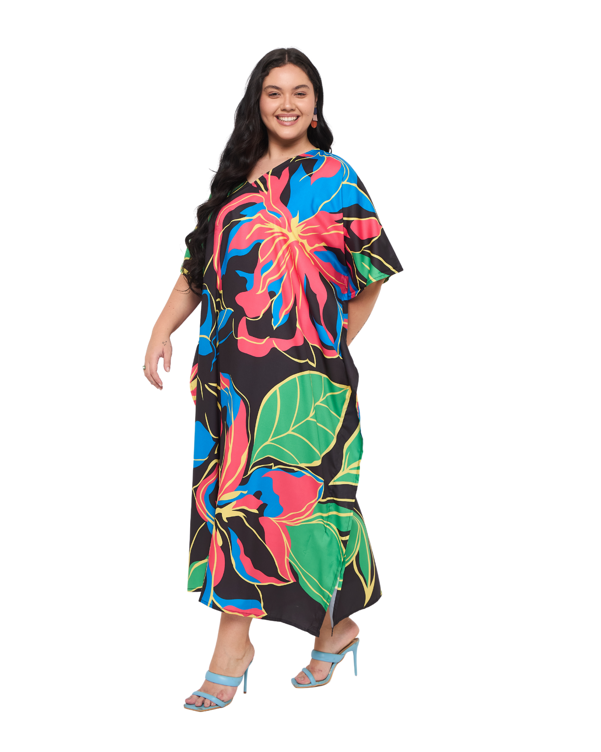 Floral Black Polyester Plus Size Vacation Caftan Dress