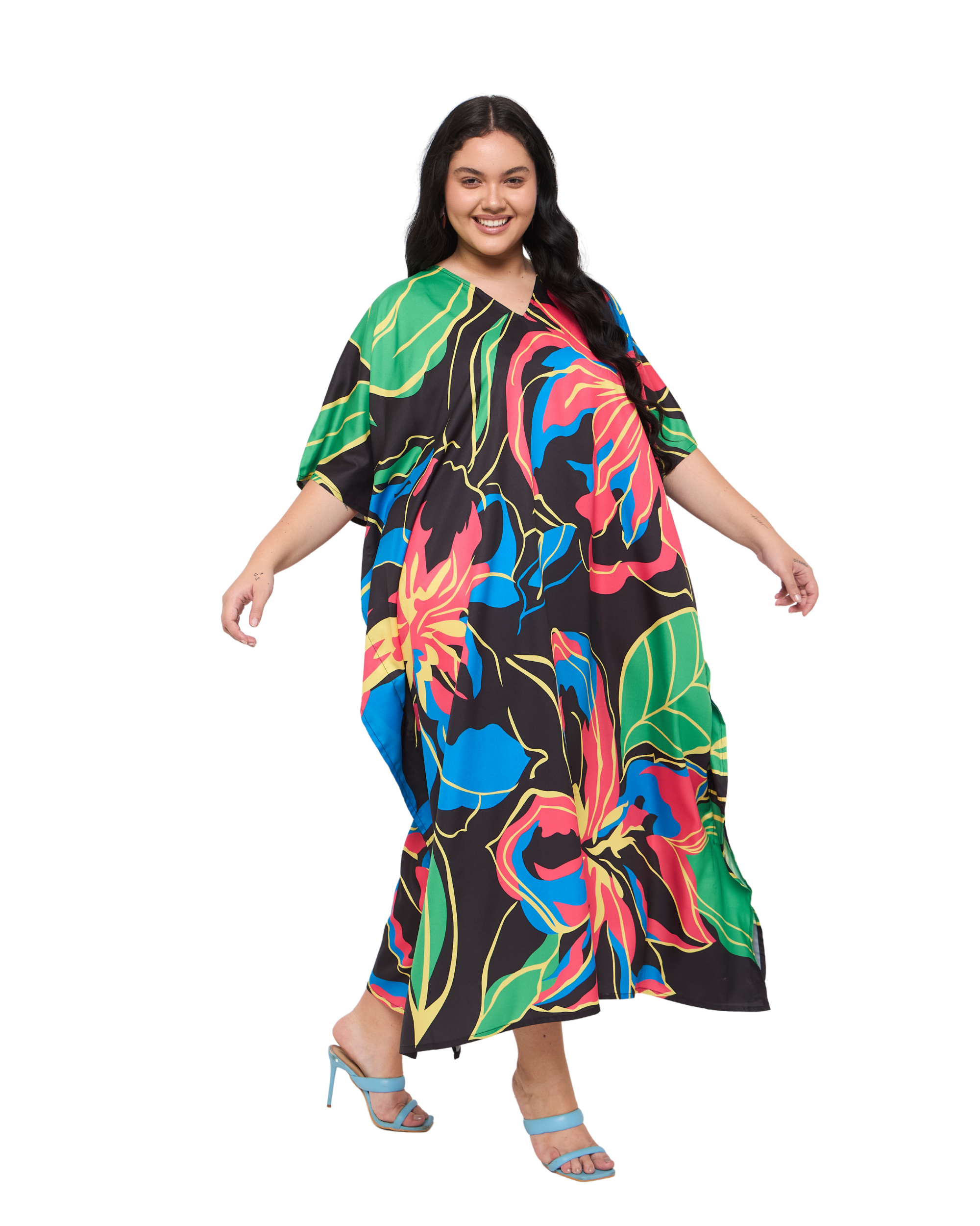 Floral Black Polyester Plus Size Vacation Caftan Dress