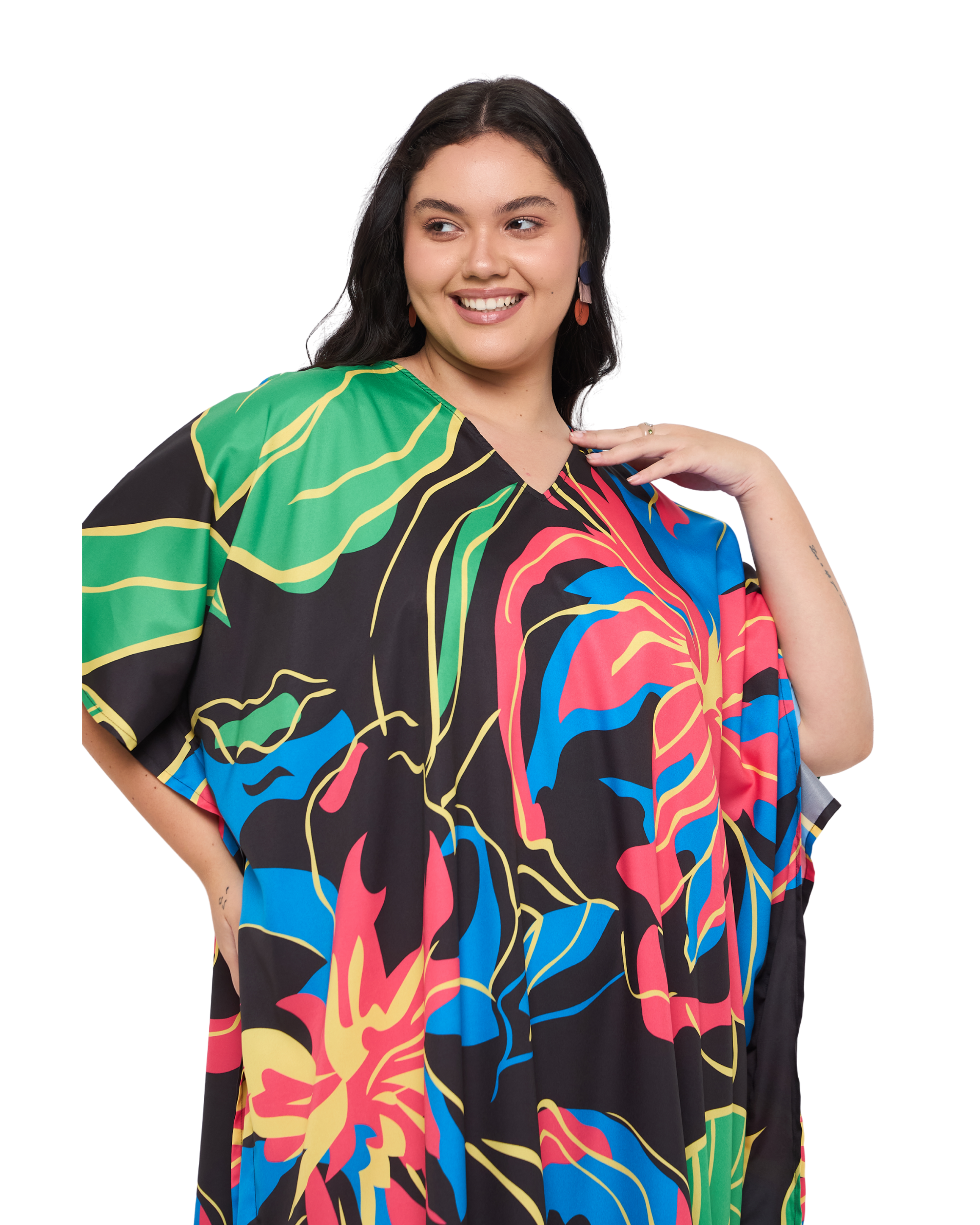 Floral Black Polyester Plus Size Vacation Caftan Dress