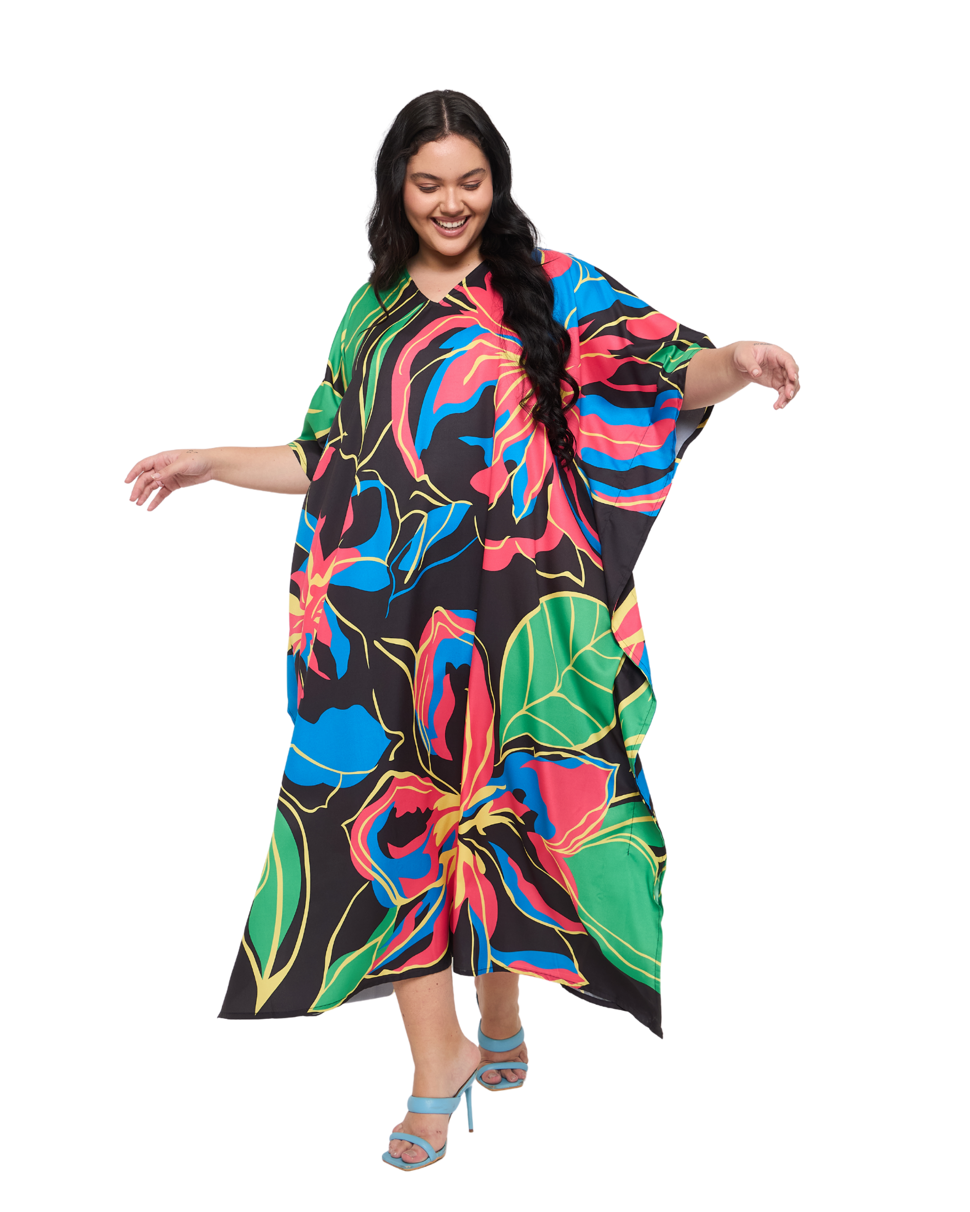 Floral Black Polyester Plus Size Vacation Caftan Dress