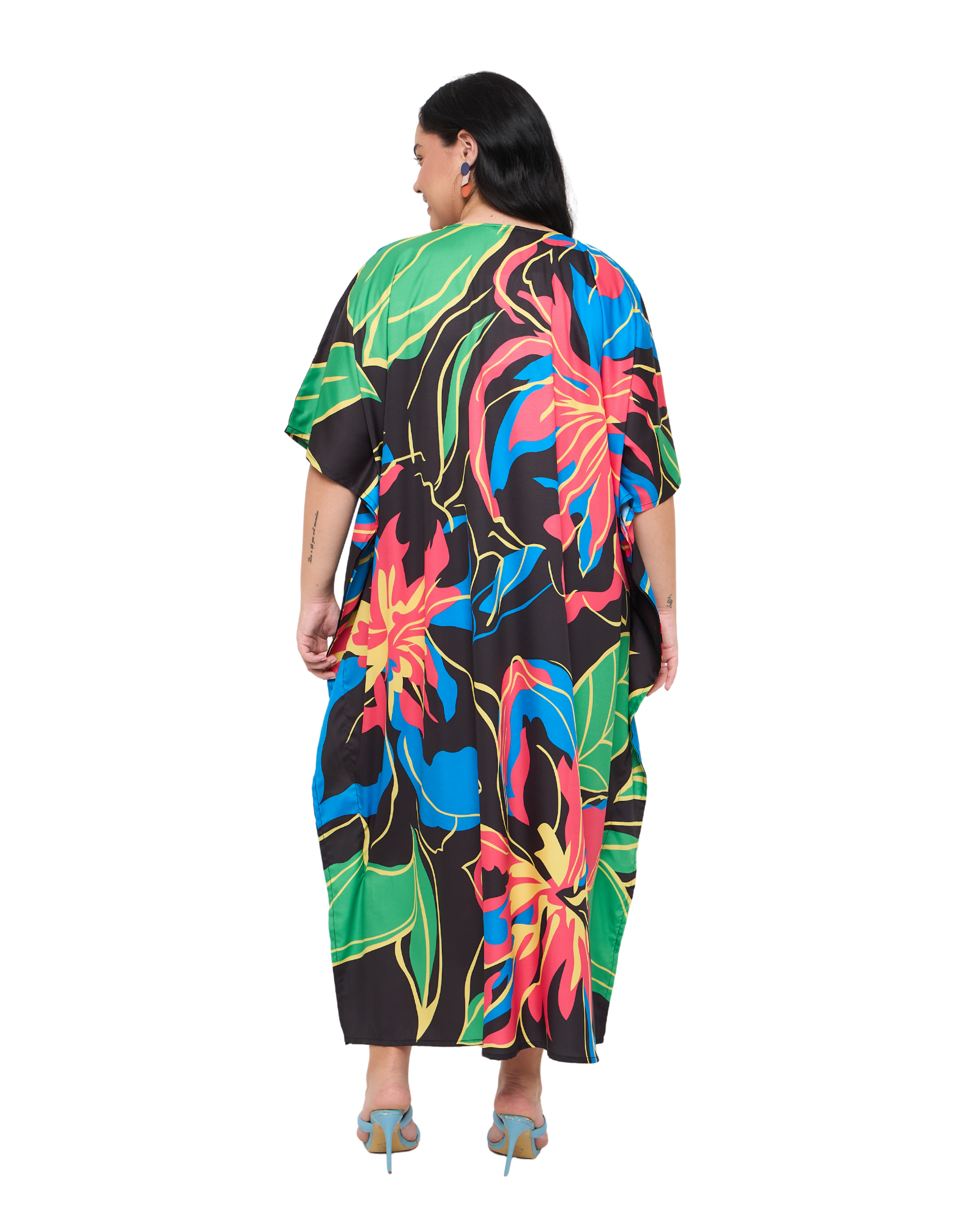 Floral Black Polyester Plus Size Vacation Caftan Dress