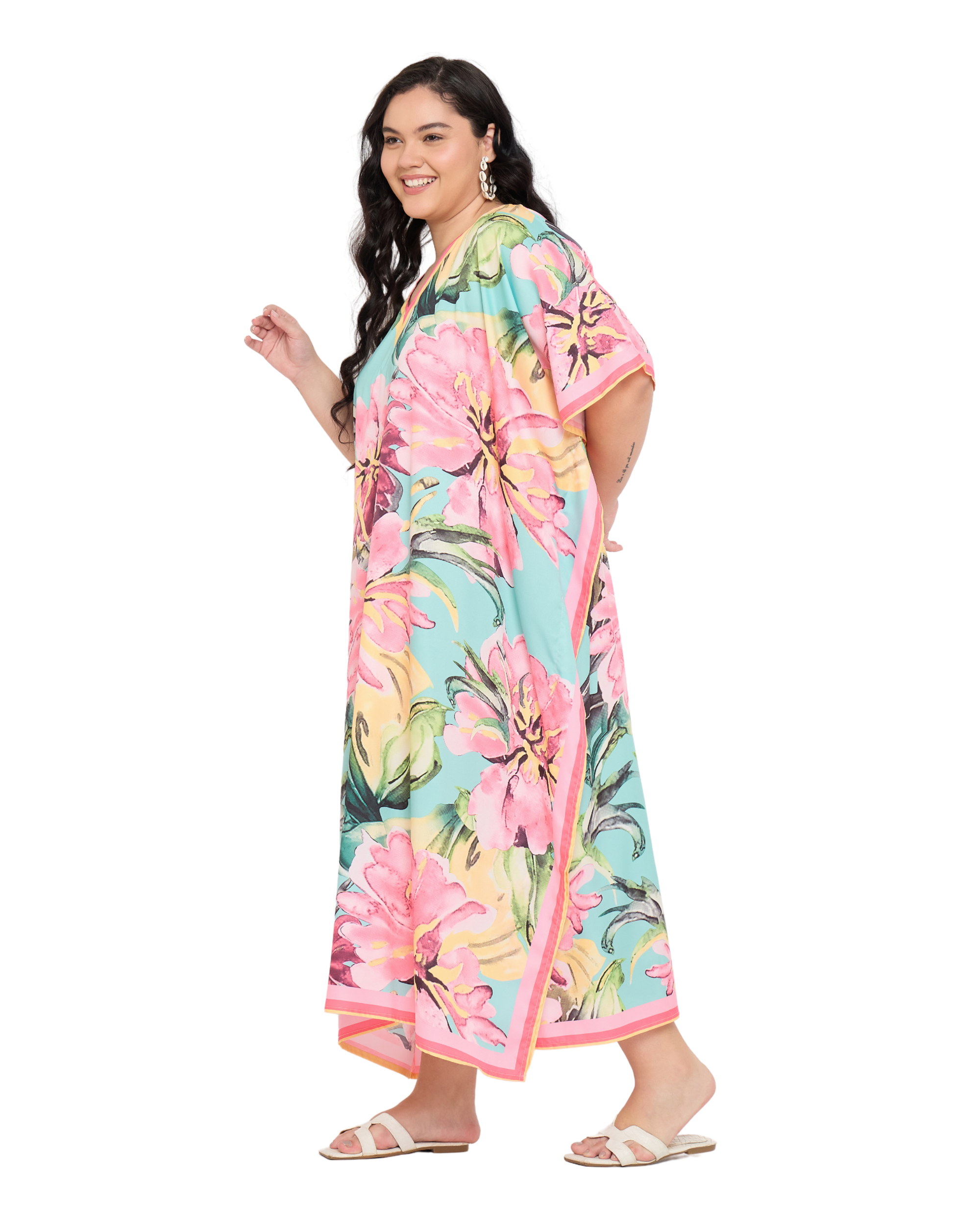 Turquoise Tropical Floral Women Plus Size Caftan Dress