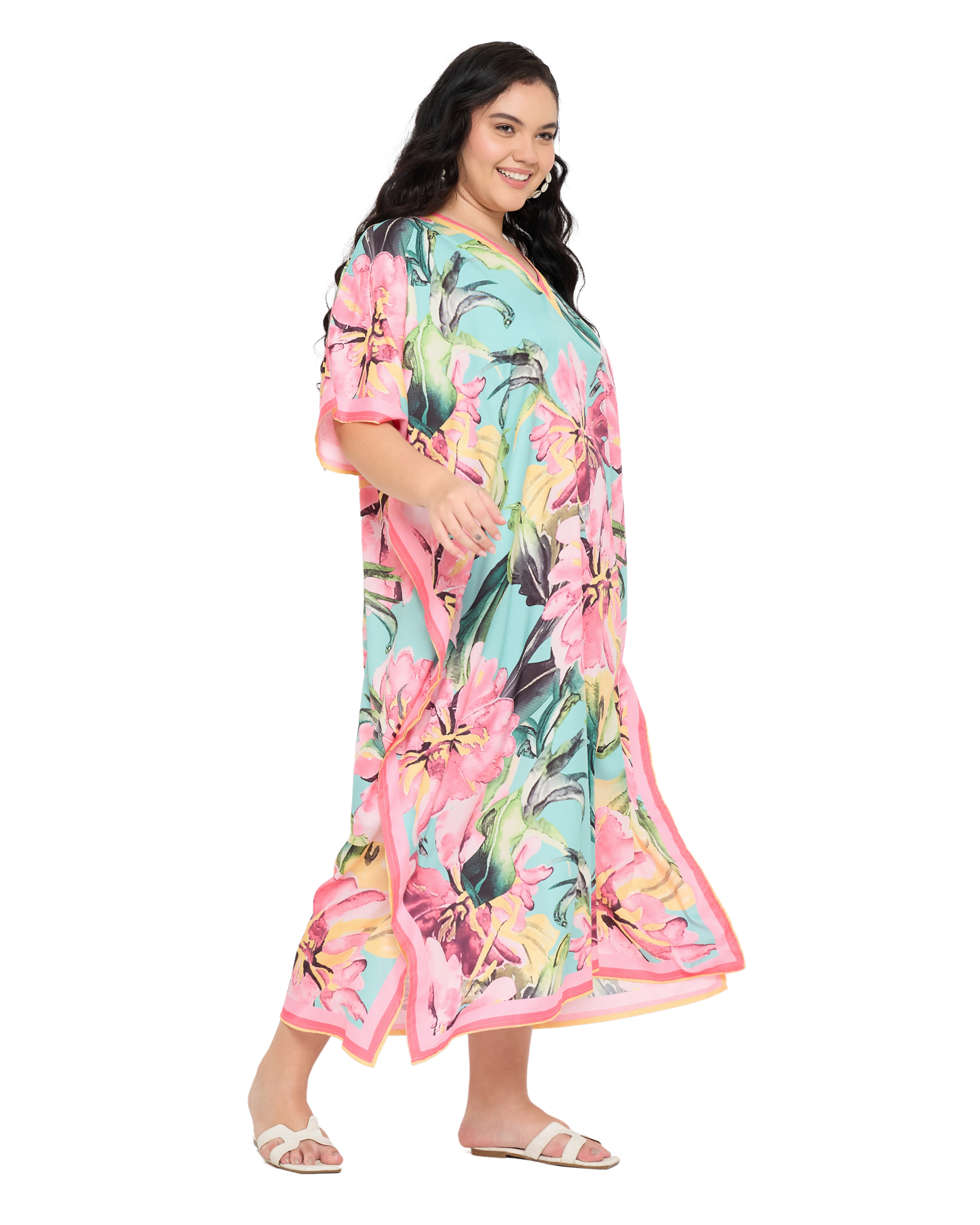 Turquoise Tropical Floral Women Plus Size Caftan Dress