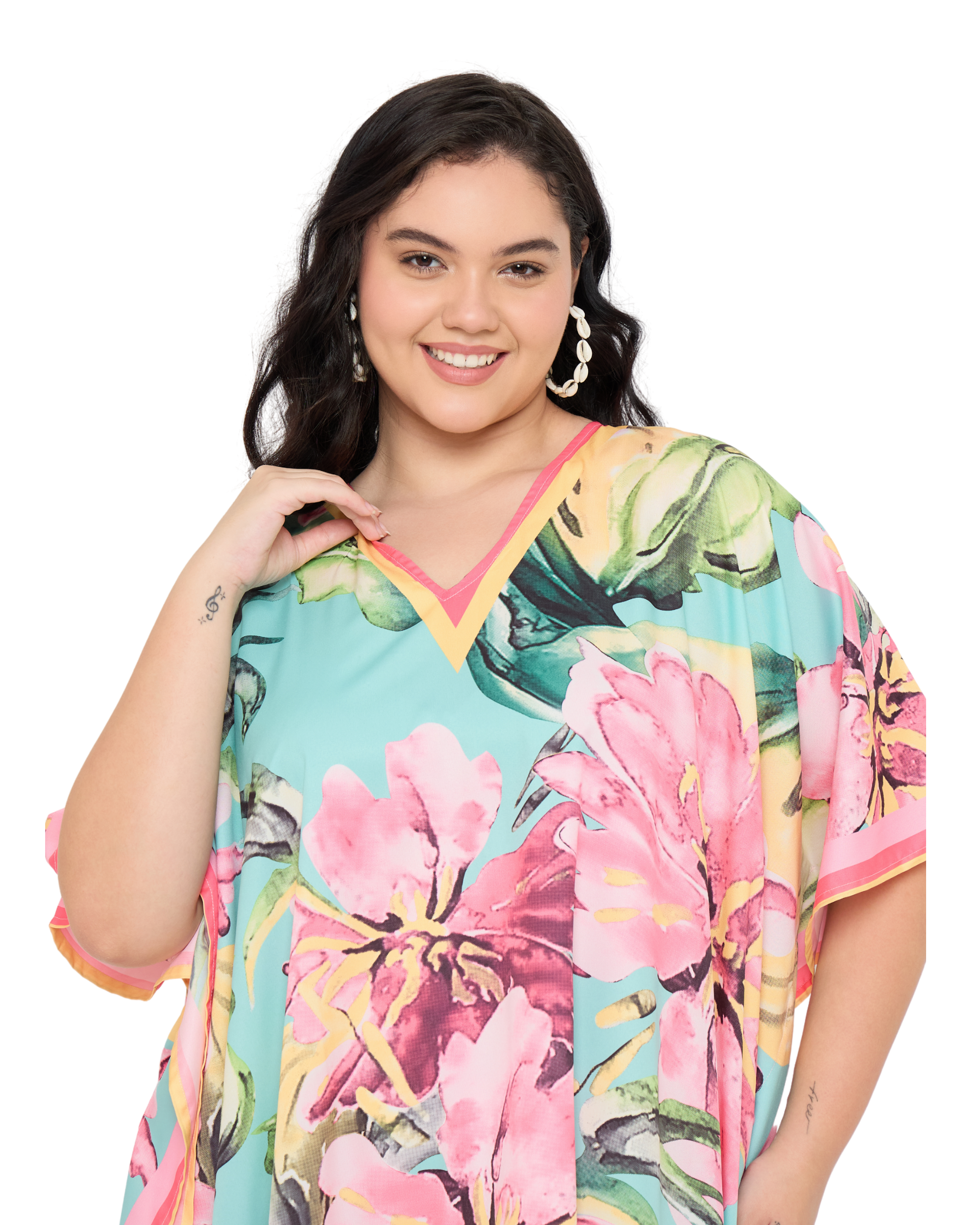 Turquoise Tropical Floral Women Plus Size Caftan Dress
