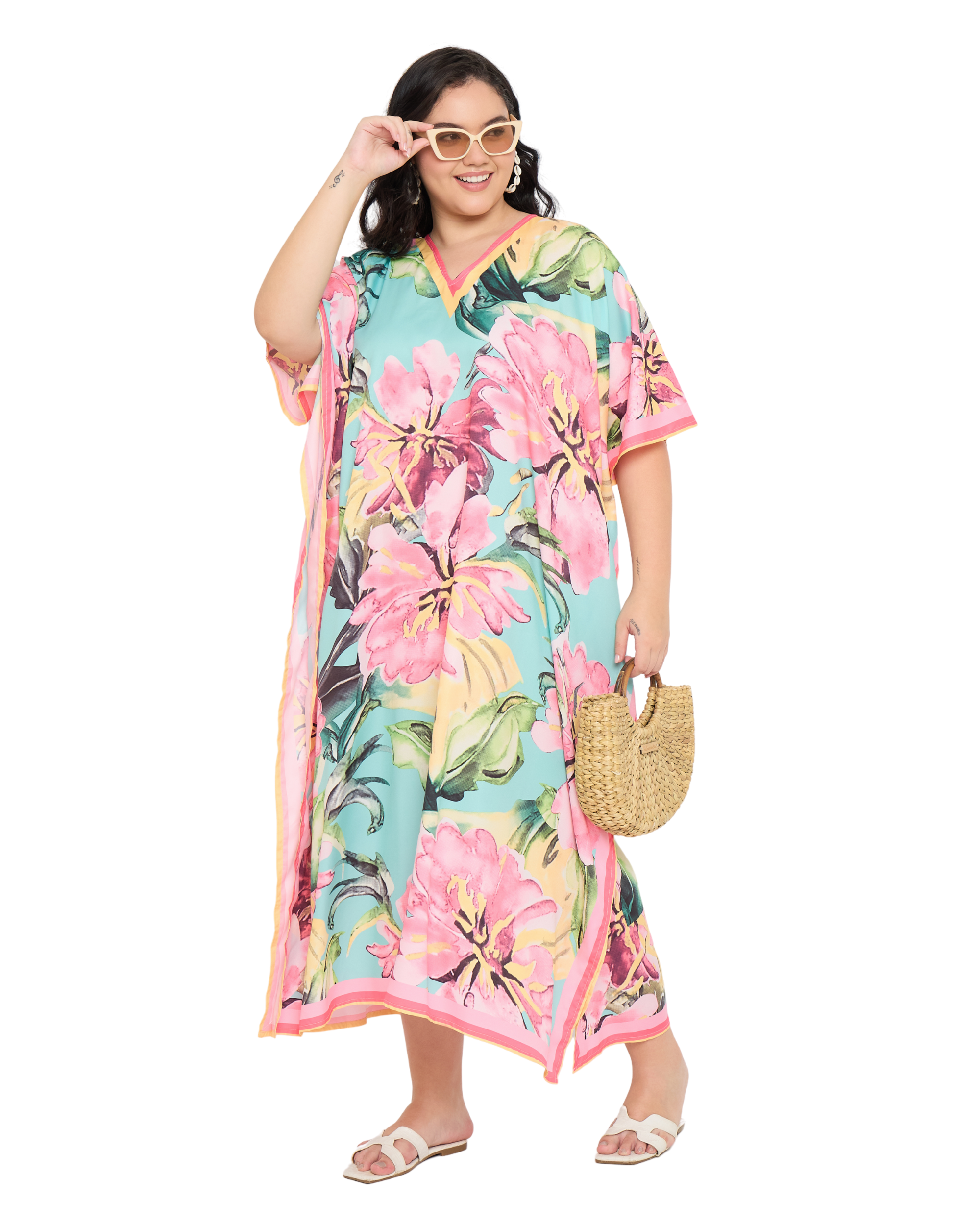 Turquoise Tropical Floral Women Plus Size Caftan Dress