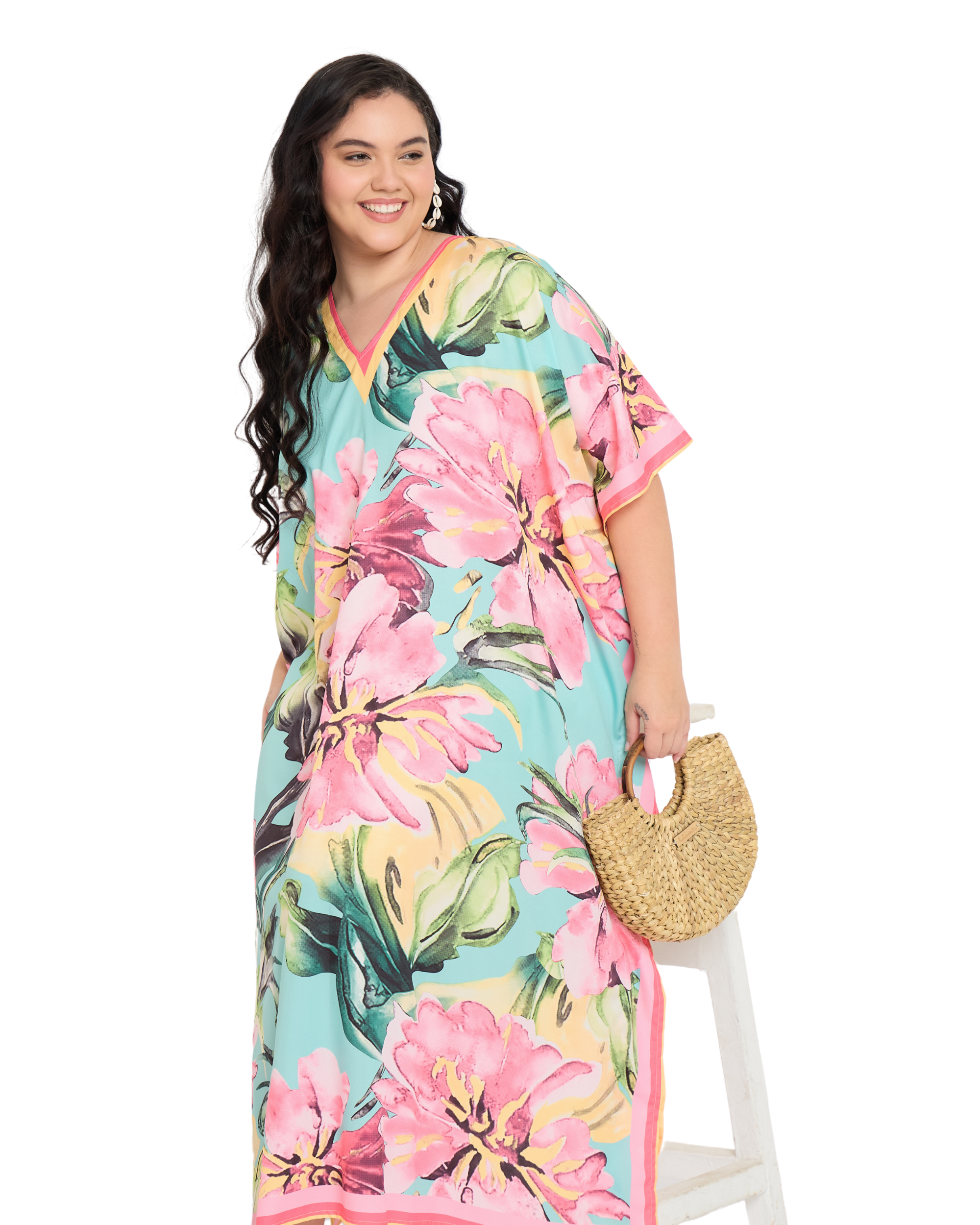 Turquoise Tropical Floral Women Plus Size Caftan Dress