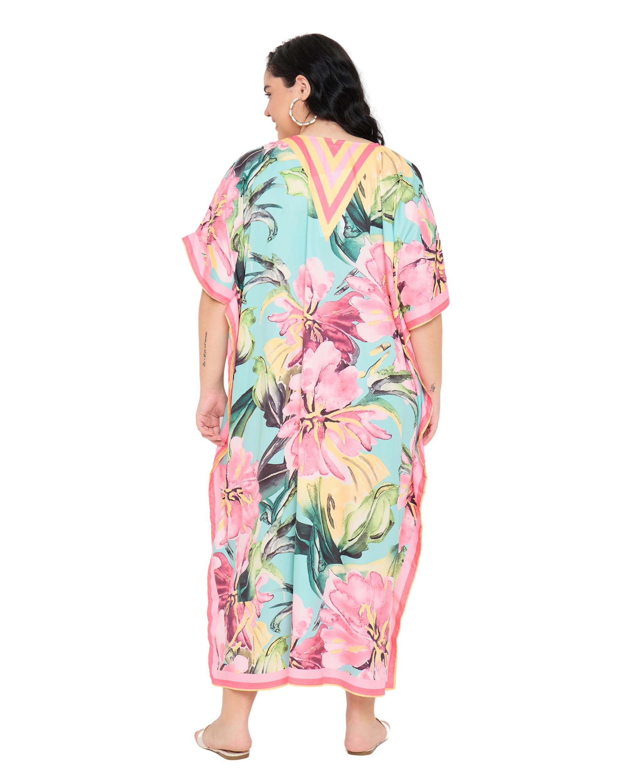 Turquoise Tropical Floral Women Plus Size Caftan Dress