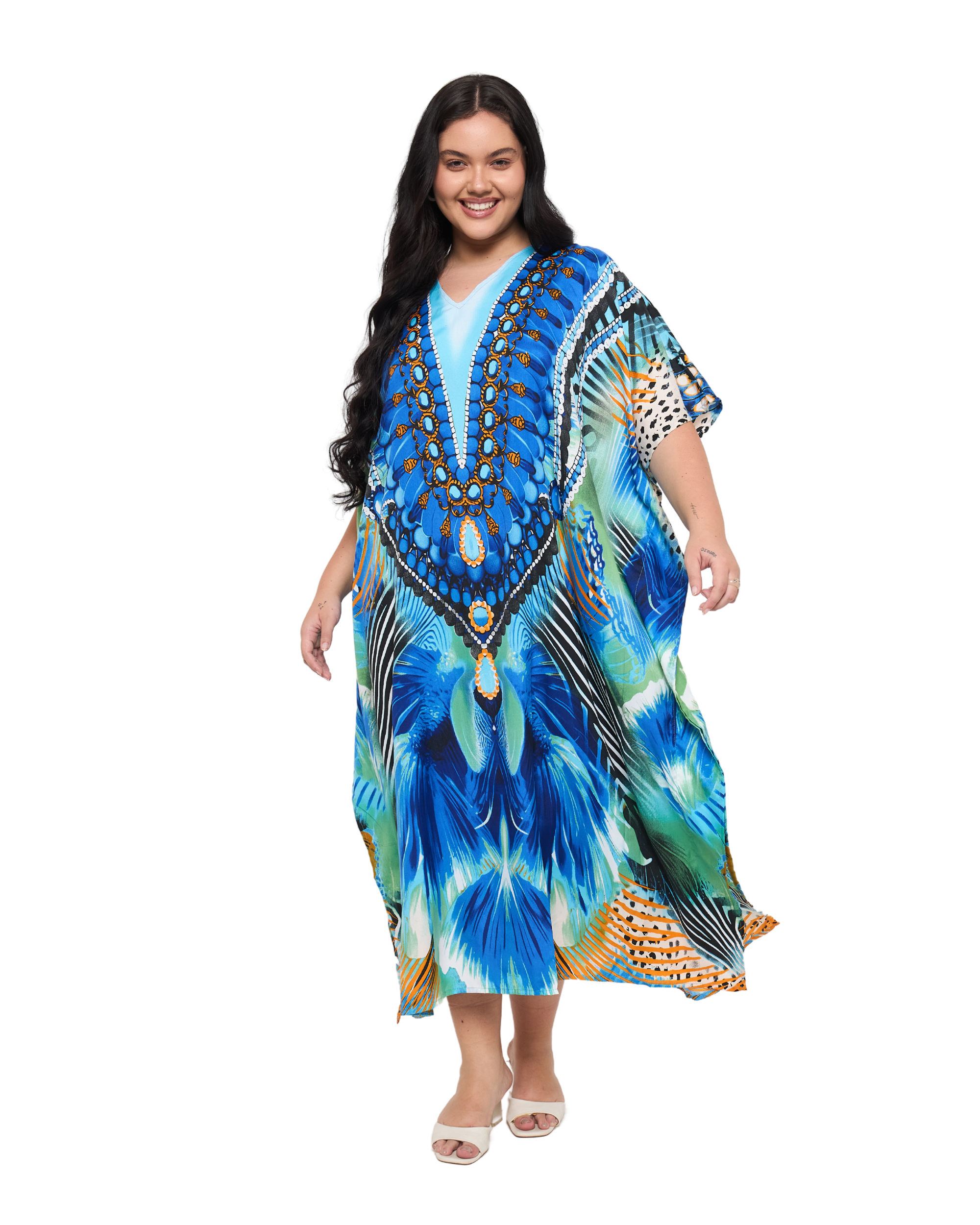 Feathers print Cyan Polyester V-Neck Plus Size Kaftan Dress