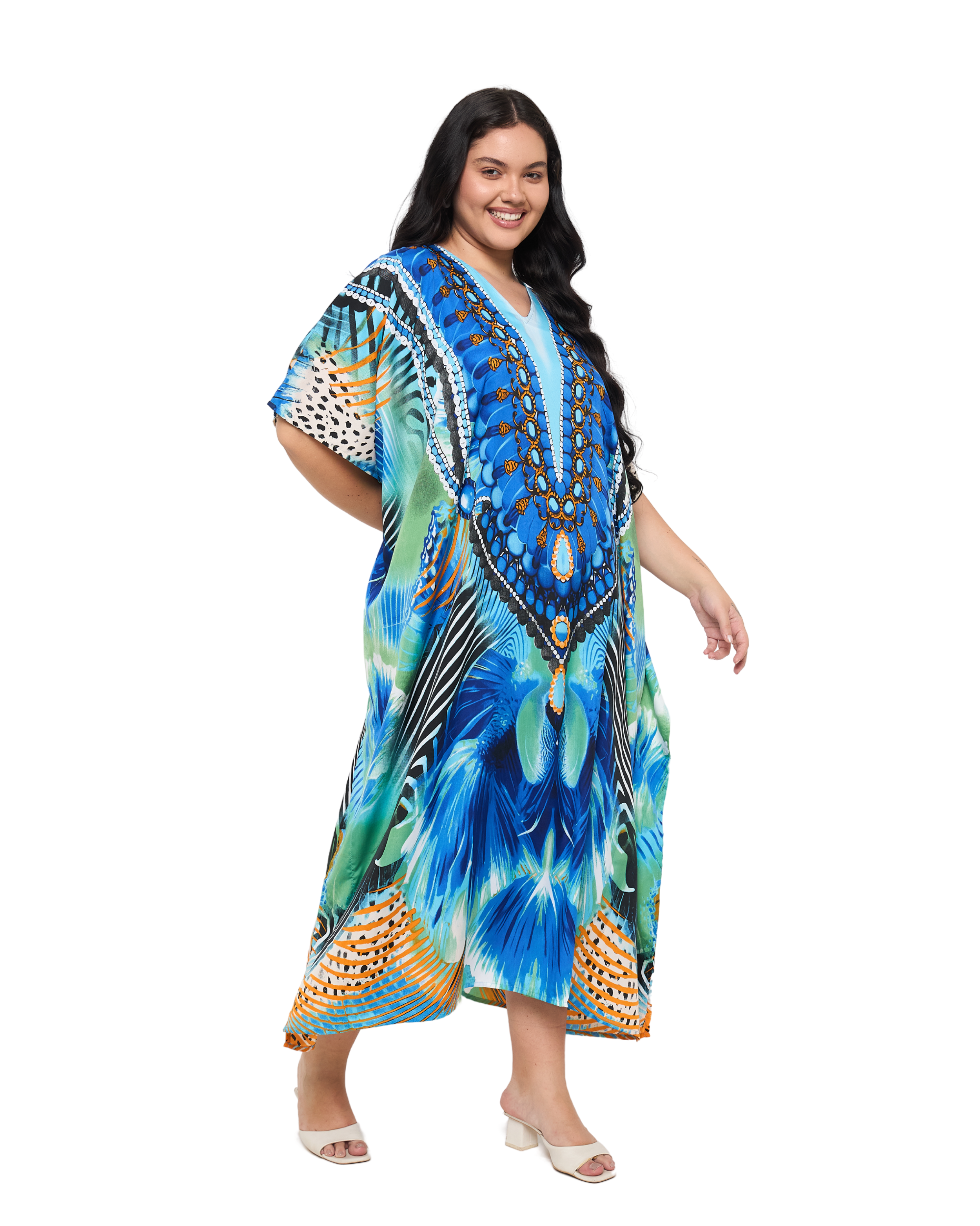 Feathers print Cyan Polyester V-Neck Plus Size Kaftan Dress