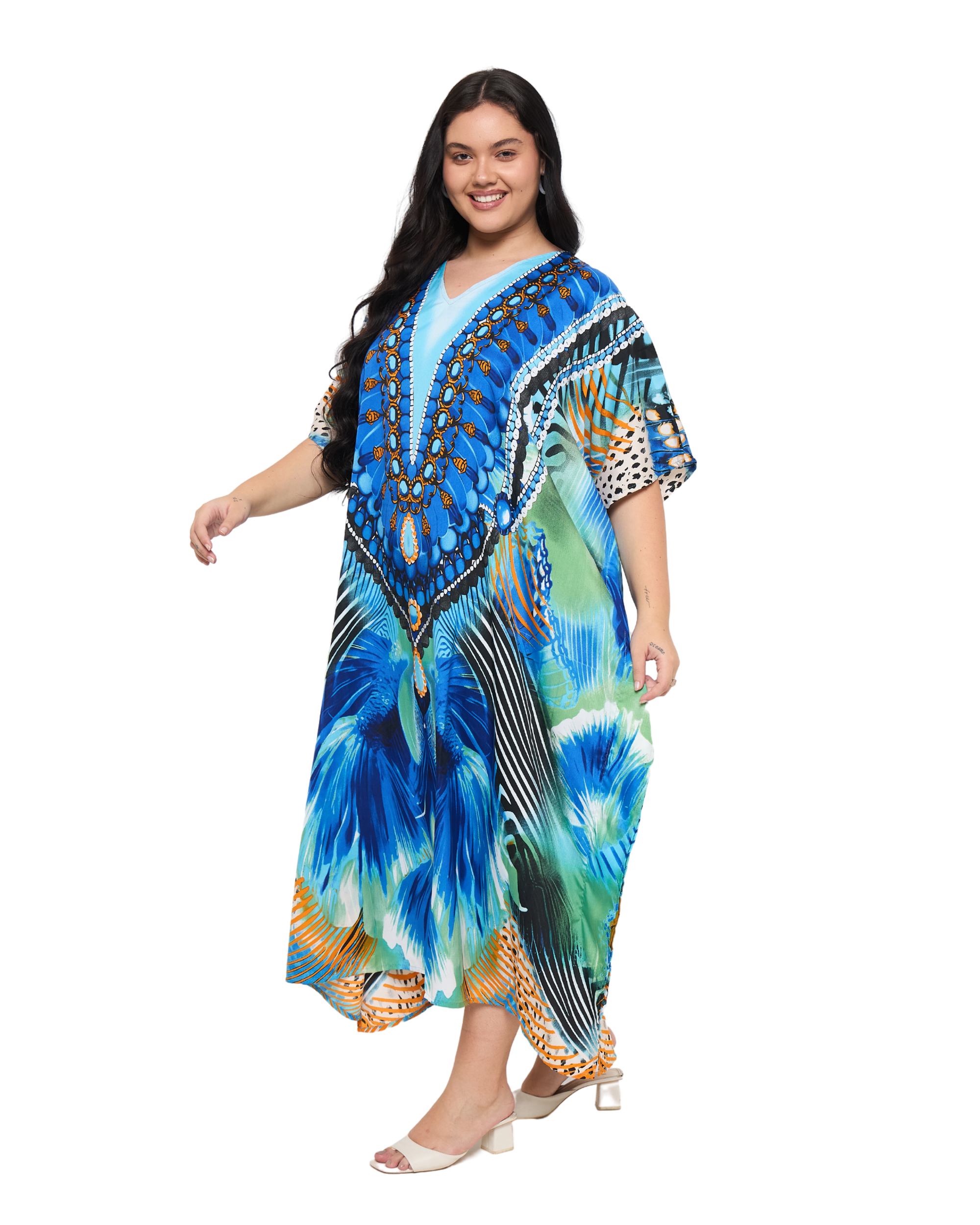 Feathers print Cyan Polyester V-Neck Plus Size Kaftan Dress