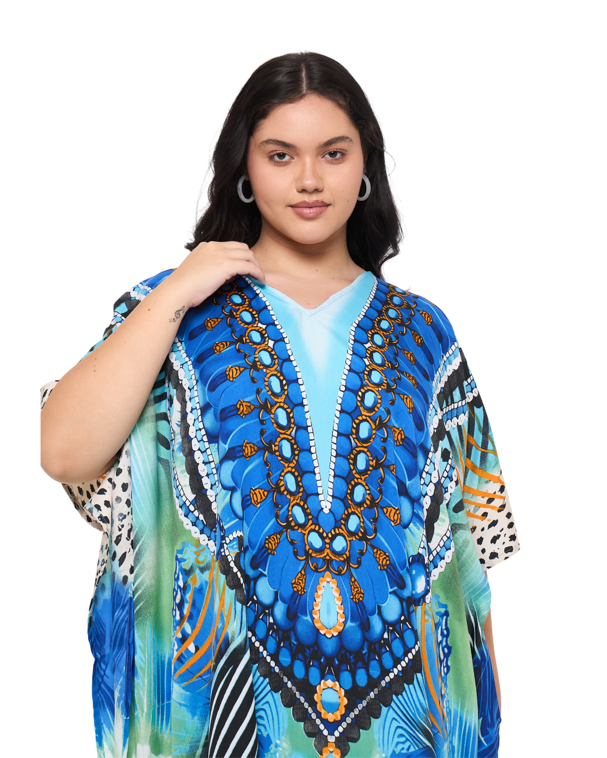 Feathers print Cyan Polyester V-Neck Plus Size Kaftan Dress