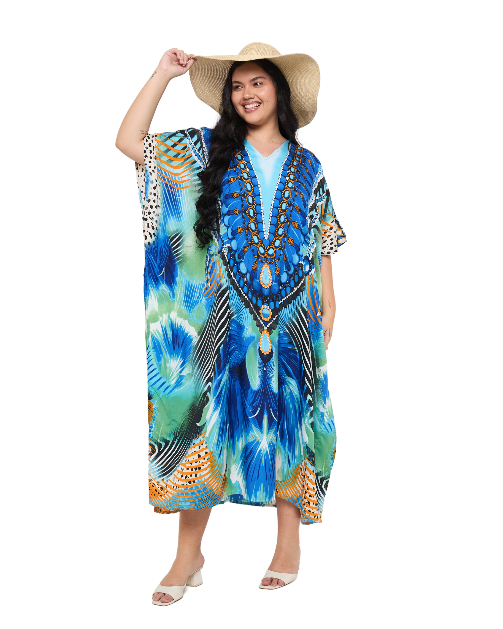 Feathers print Cyan Polyester V-Neck Plus Size Kaftan Dress