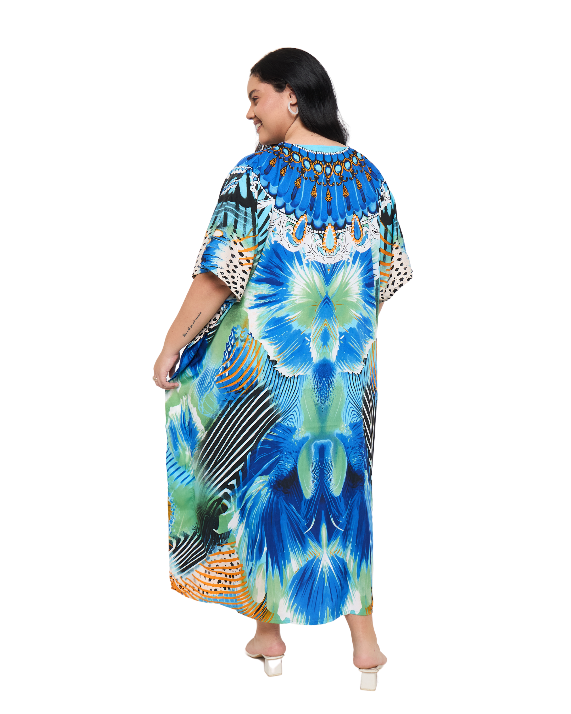 Feathers print Cyan Polyester V-Neck Plus Size Kaftan Dress
