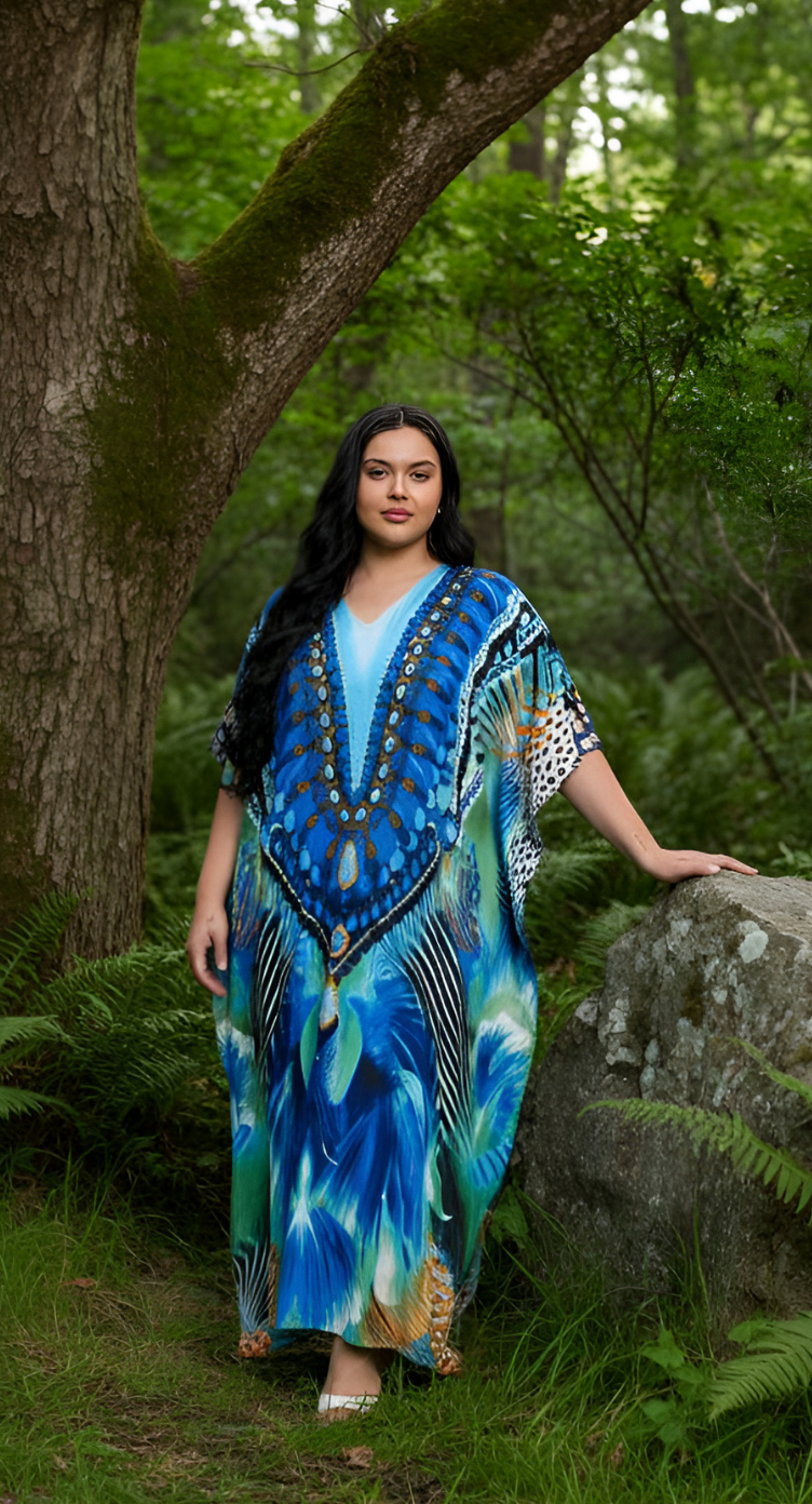 Feathers print Cyan Polyester V-Neck Plus Size Kaftan Dress
