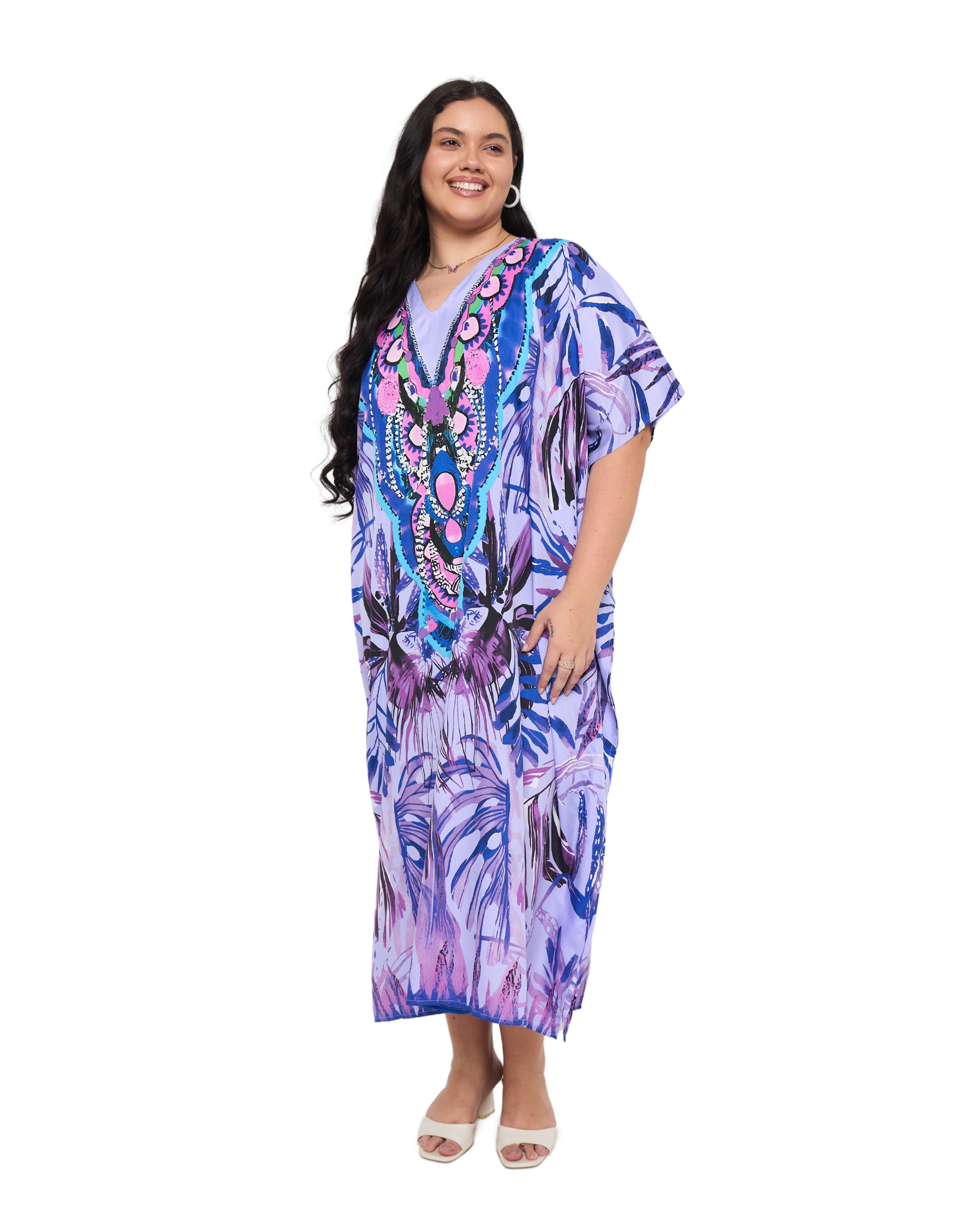 Tropical Leaf Lavender Polyester Plus Size Holiday Caftan Dress