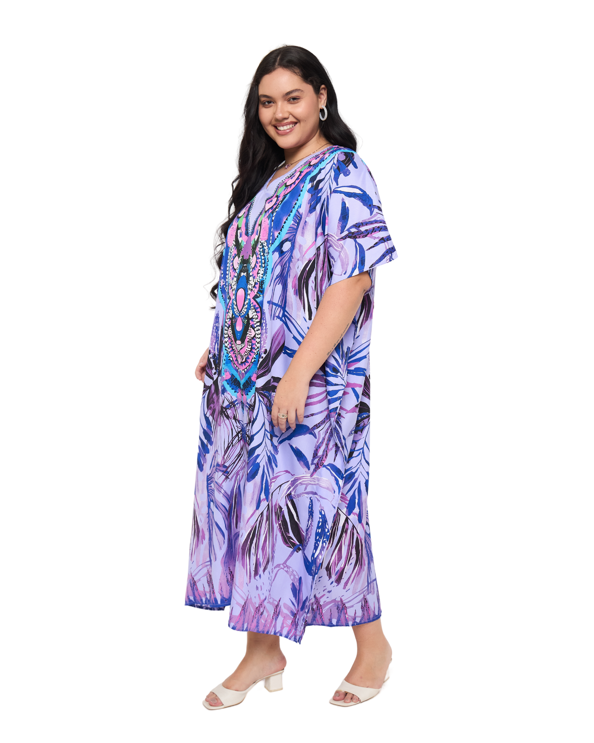 Tropical Leaf Lavender Polyester Plus Size Holiday Caftan Dress
