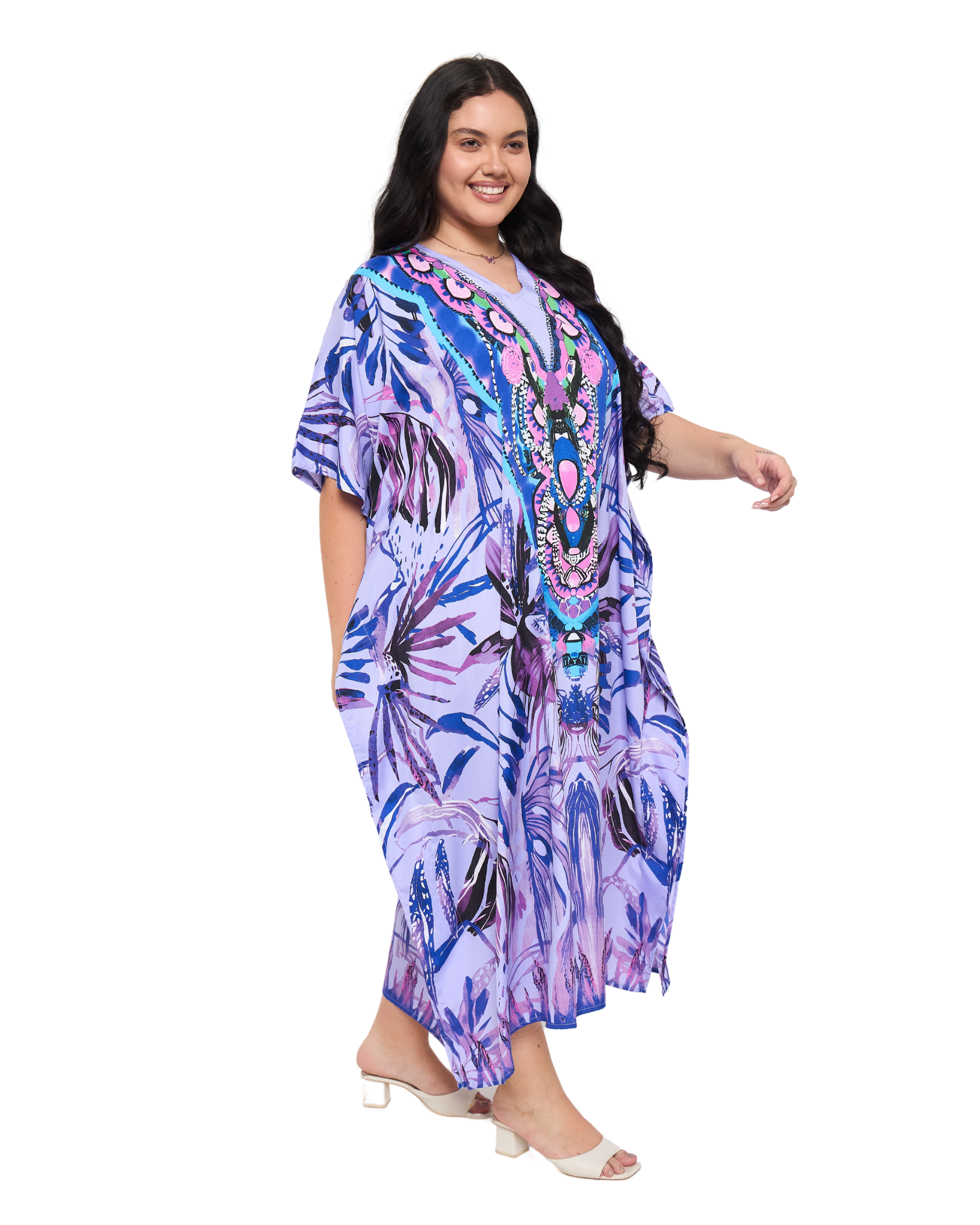 Tropical Leaf Lavender Polyester Plus Size Holiday Caftan Dress