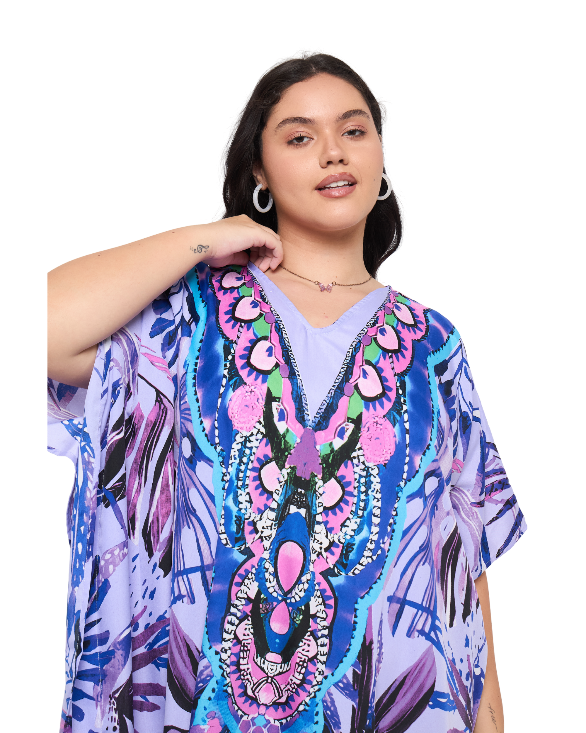 Tropical Leaf Lavender Polyester Plus Size Holiday Caftan Dress