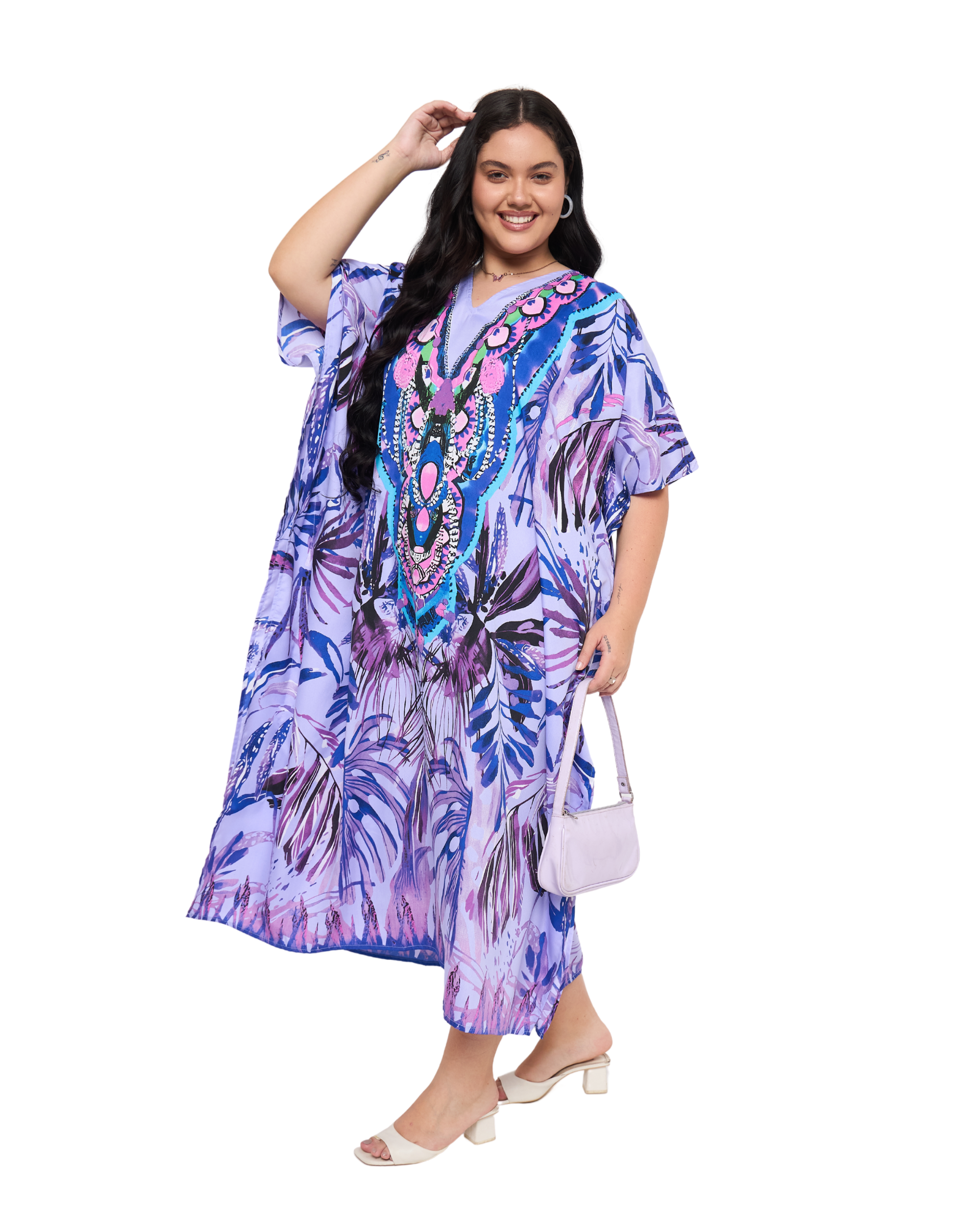 Tropical Leaf Lavender Polyester Plus Size Holiday Caftan Dress