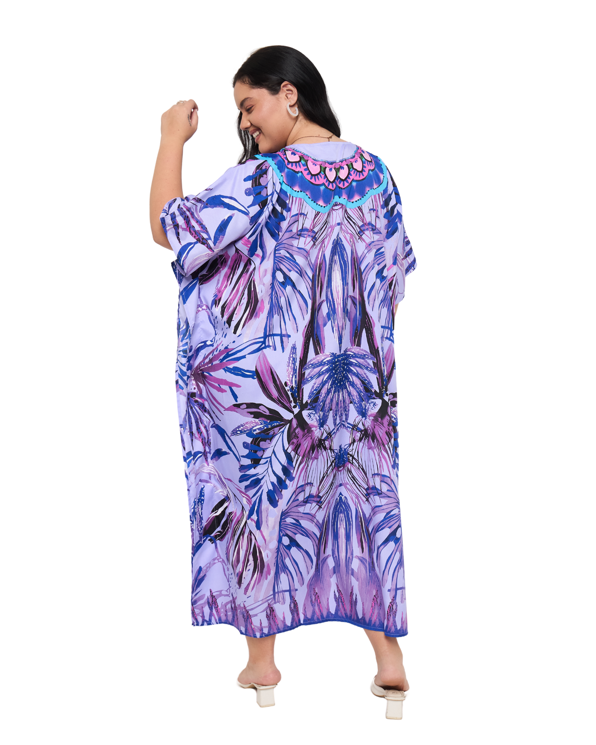 Tropical Leaf Lavender Polyester Plus Size Holiday Caftan Dress