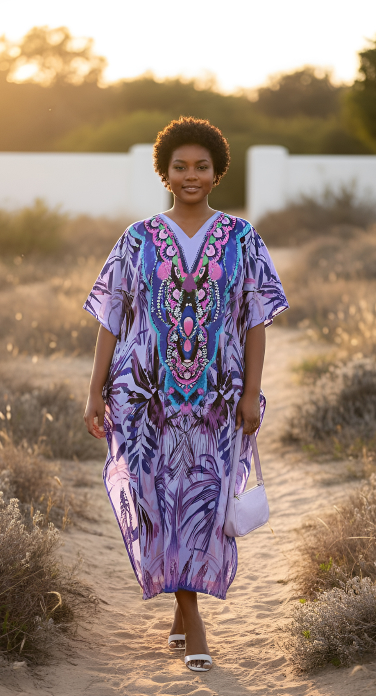 Tropical Leaf Lavender Polyester Plus Size Holiday Caftan Dress