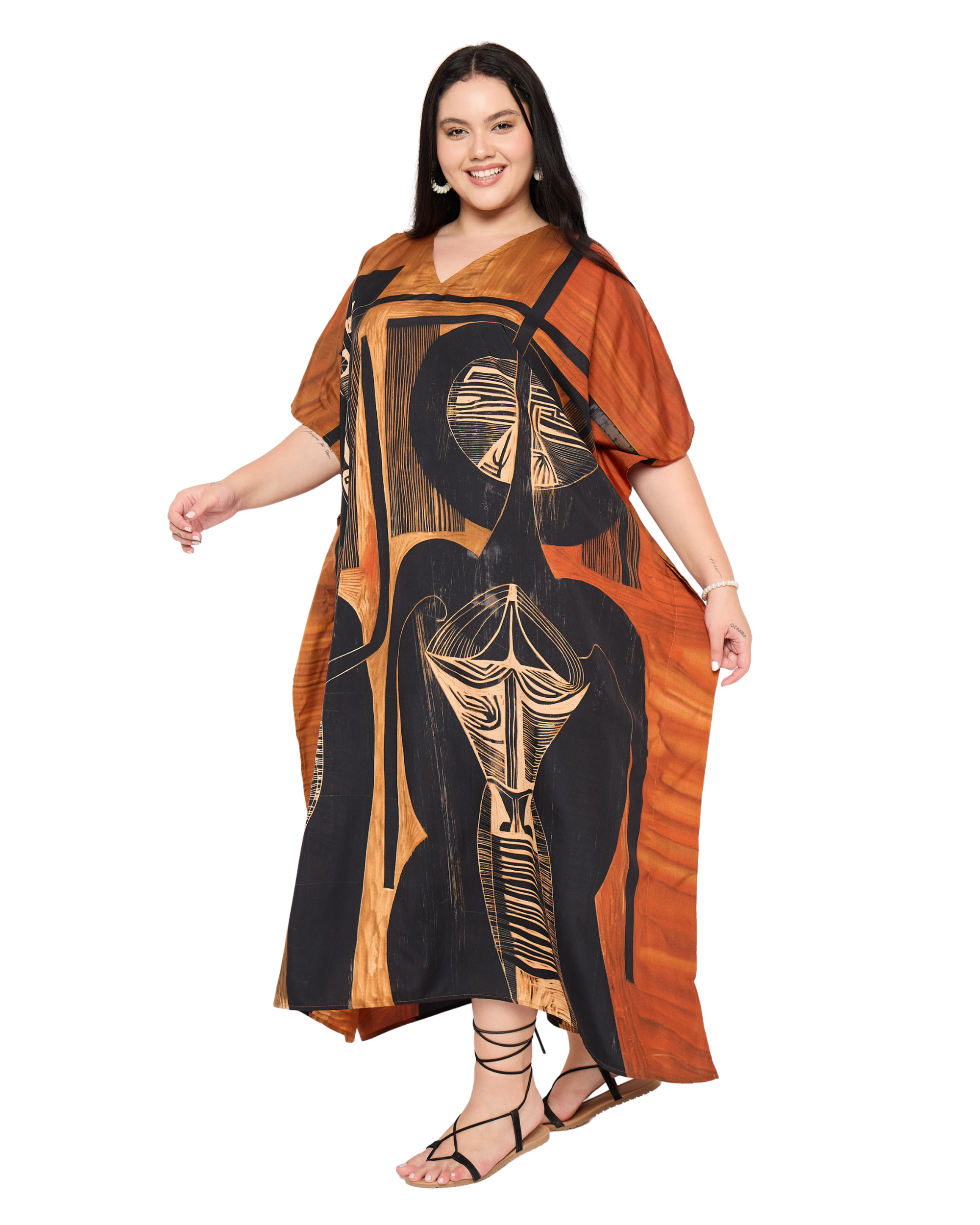 Black Tribal Polyester Women Plus Size Caftan Loungewear Dress