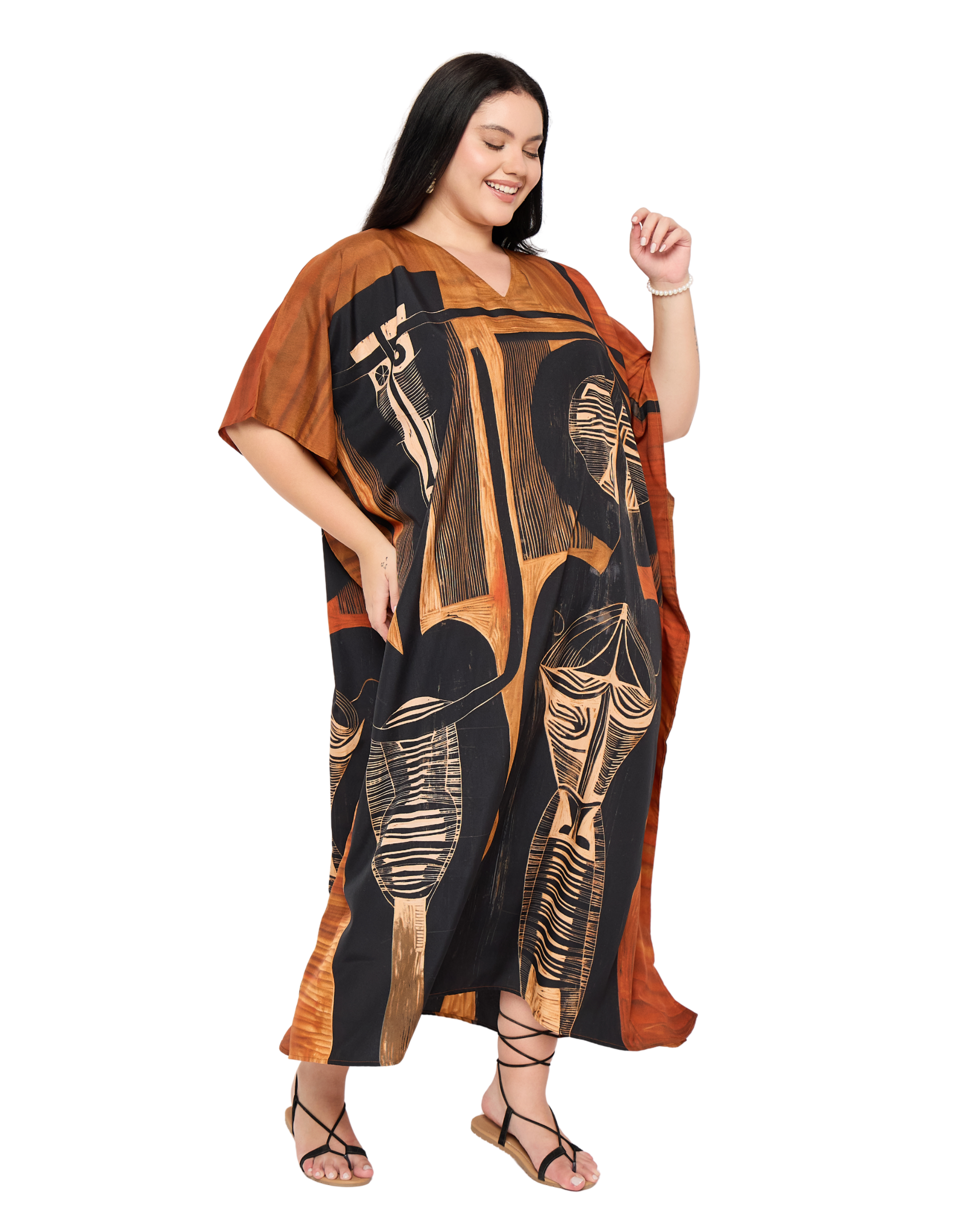 Black Tribal Polyester Women Plus Size Caftan Loungewear Dress